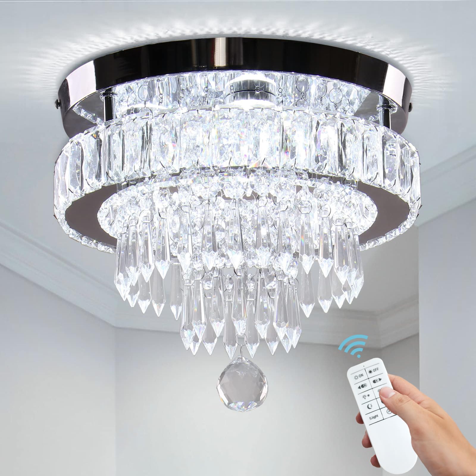 Dimmable Crystal Chandeliers 11.8&quot; LED Flush Mount Modern Ceiling Light Fixtures for Bedroom Dining Room Hallway (2700K/4000K/6500K)