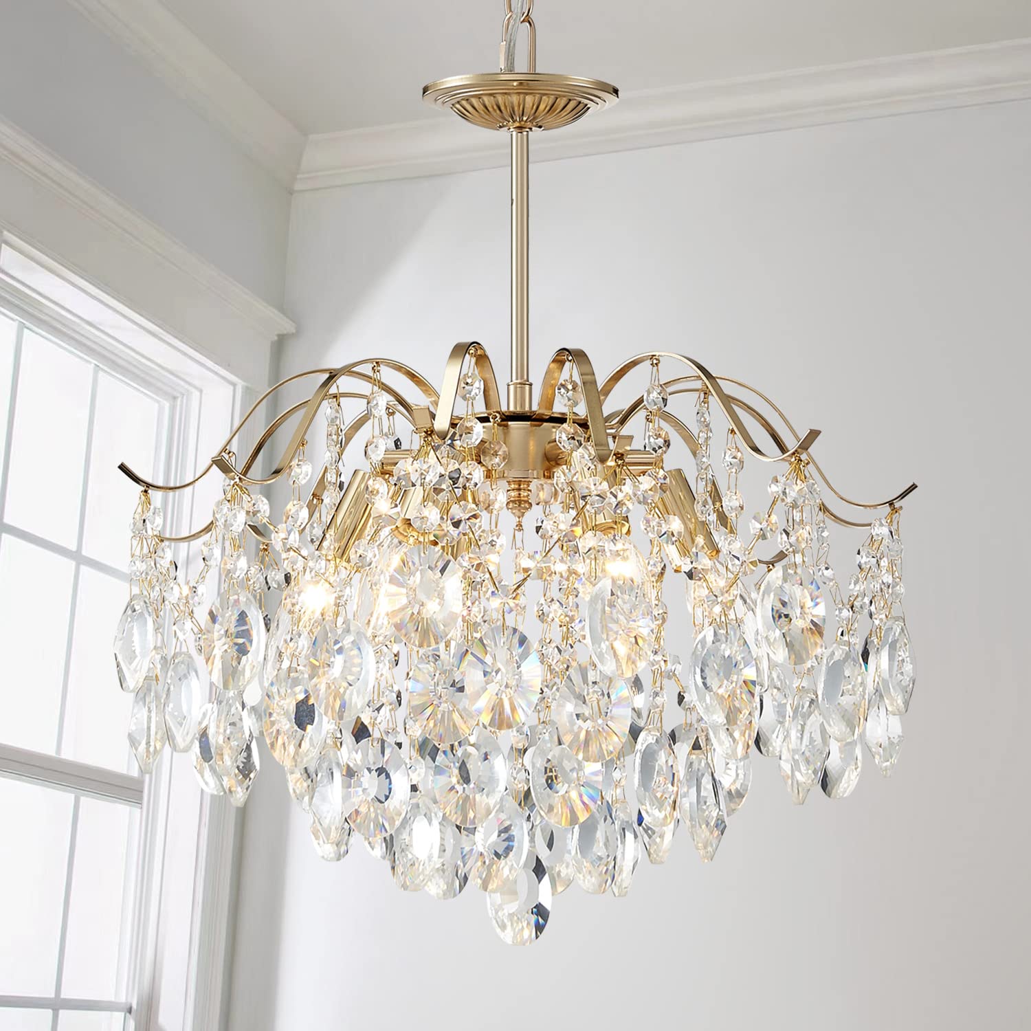 AGV LIGHTING CH012G K9 Crystal Chandelier, Raindrop Chandelier Crystals Light, Modern Pendant Chandelier Lighting, E12 Base 6-Lights, Shine Gold Finish