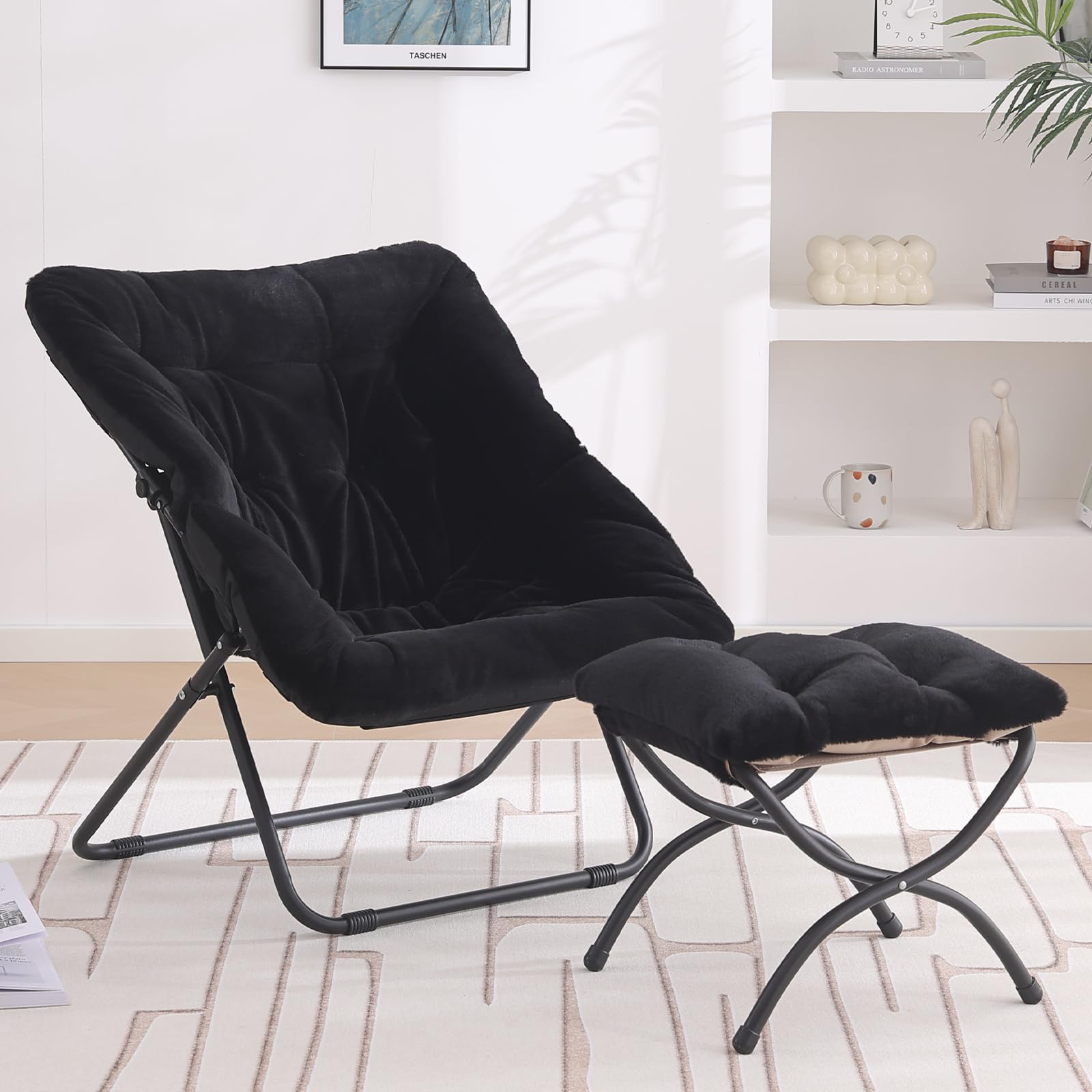 Tiita Saucer Chair with Ottoman, Soft Faux Fur Oversized Folding Accent Chair,Lounge Lazy Chair, Metal Frame Moon Chair for Bedroom, Living Room, Dorm Rooms, Garden and Courtyard  faux fur