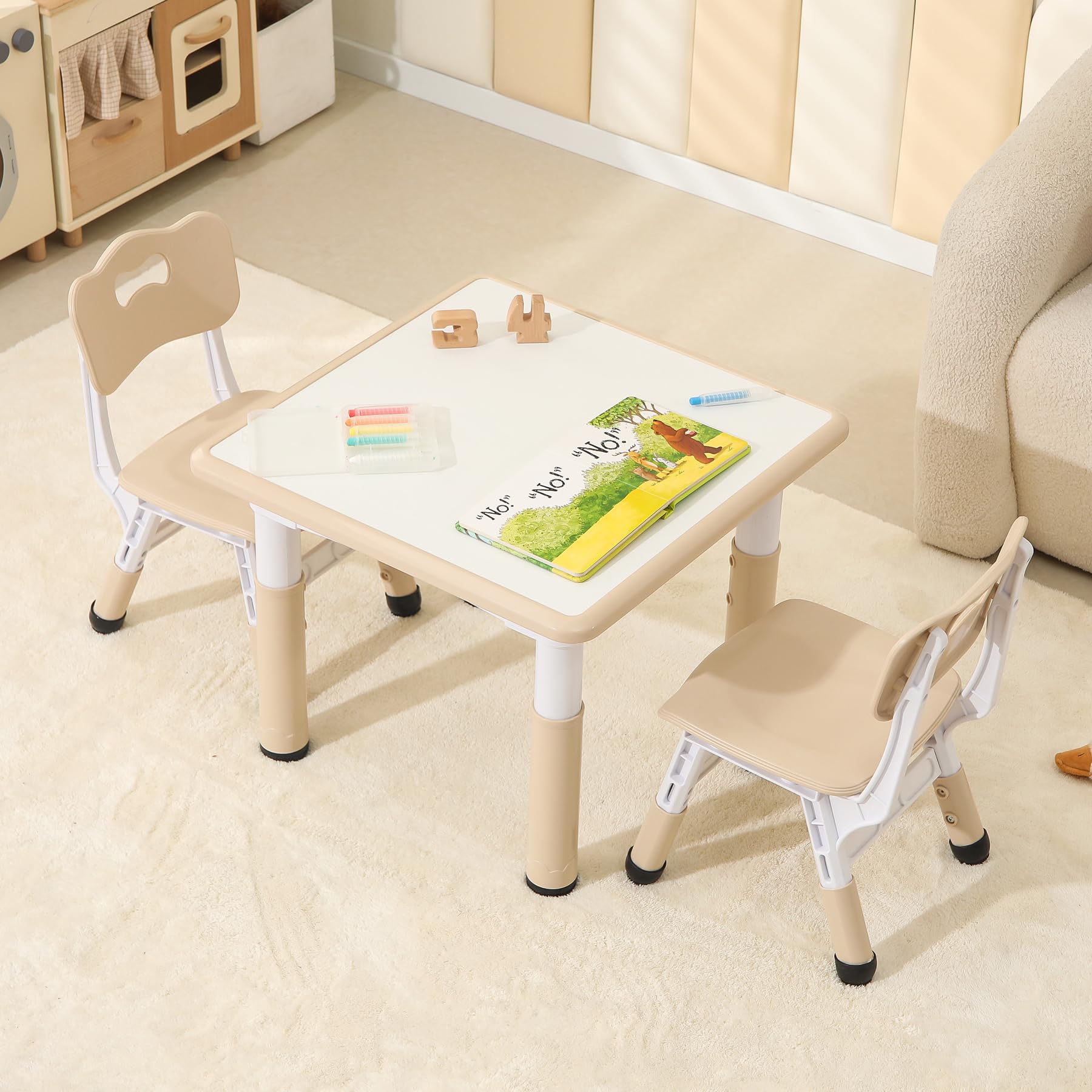 Kids Table and 2 Chairs Set, Height Adjustable Toddler Table and Chairs with Anti-Slip Foot Covers, Graffiti Desktop Arts & Crafts Table for Daycare, Classroom