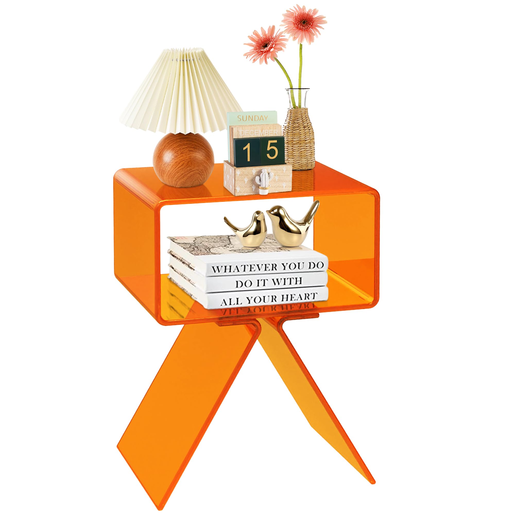 Clear Acrylic Side Table, Acrylic Nightstand for Bedroom, End Table for Living Room, A Shaped Leg, Model B Orange