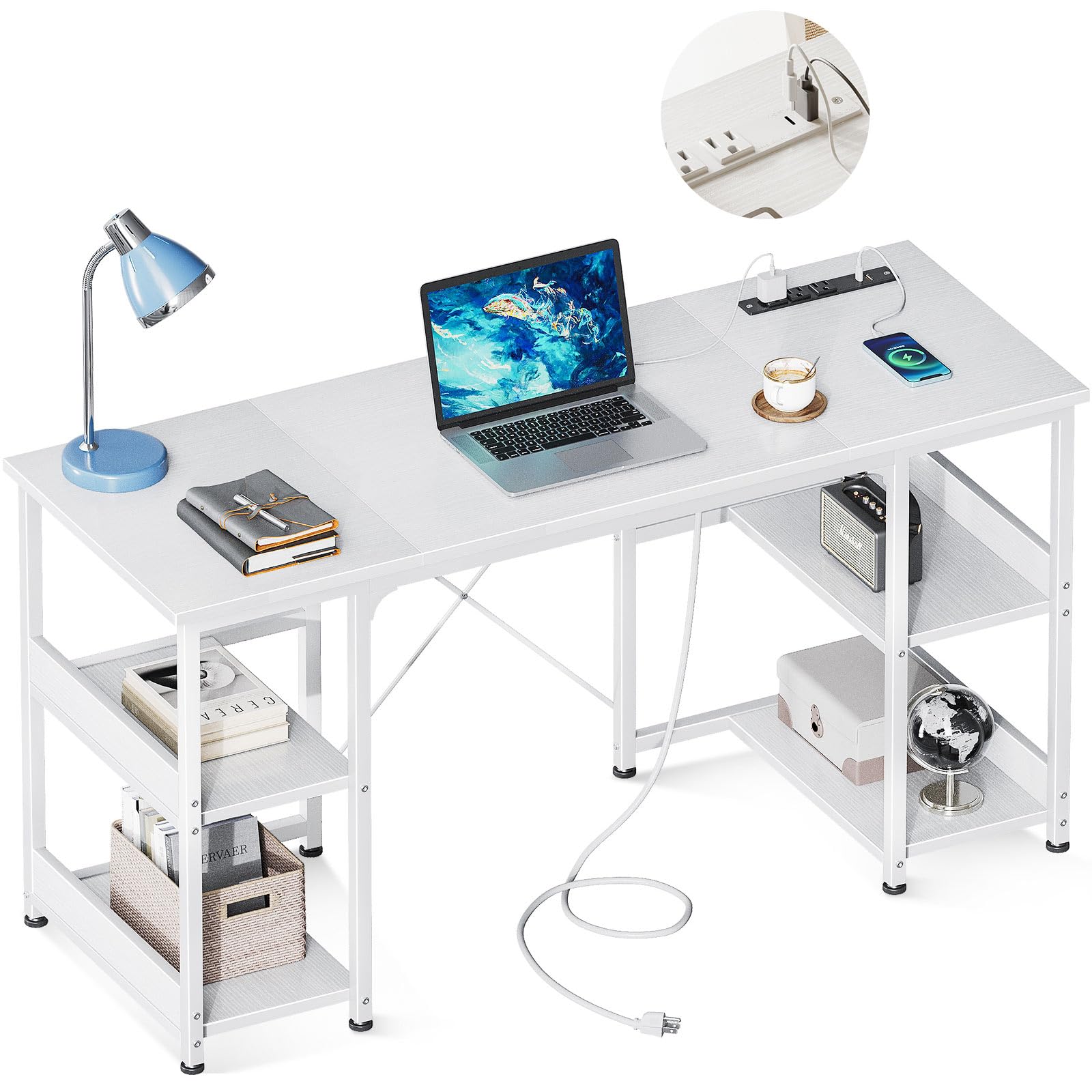 48 Inch Small Computer Desk with Power Outlets & USB Charging Port, Home Table with Storage Shelves, Student Laptop PC Desks for Small Spaces Home Office Writing Desk, White