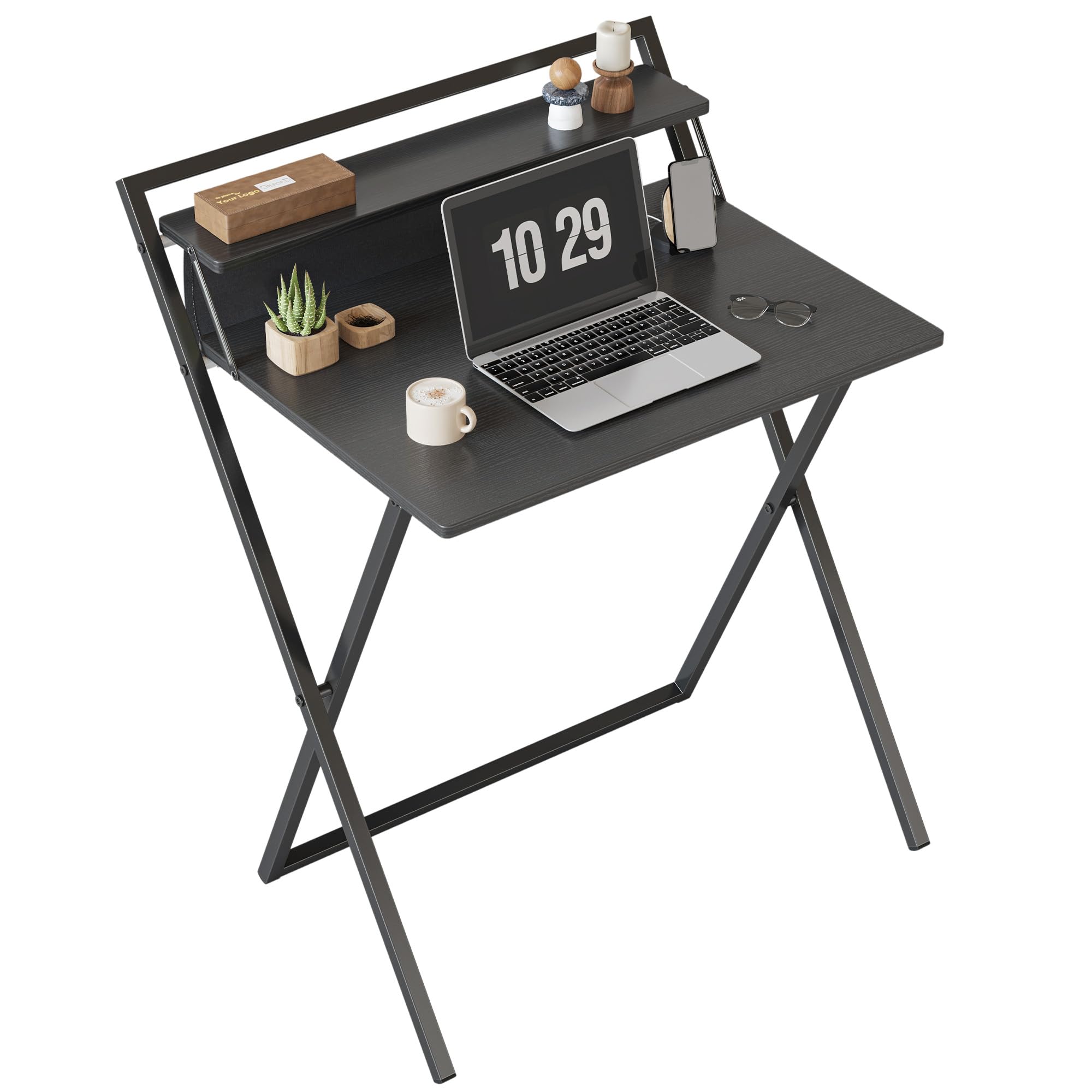 CubiCubi Small Folding Desk 24 Inch with Shelf and Storage Bag, Space Saving Home Office Writing Desk, Study Table for Small Space, Black