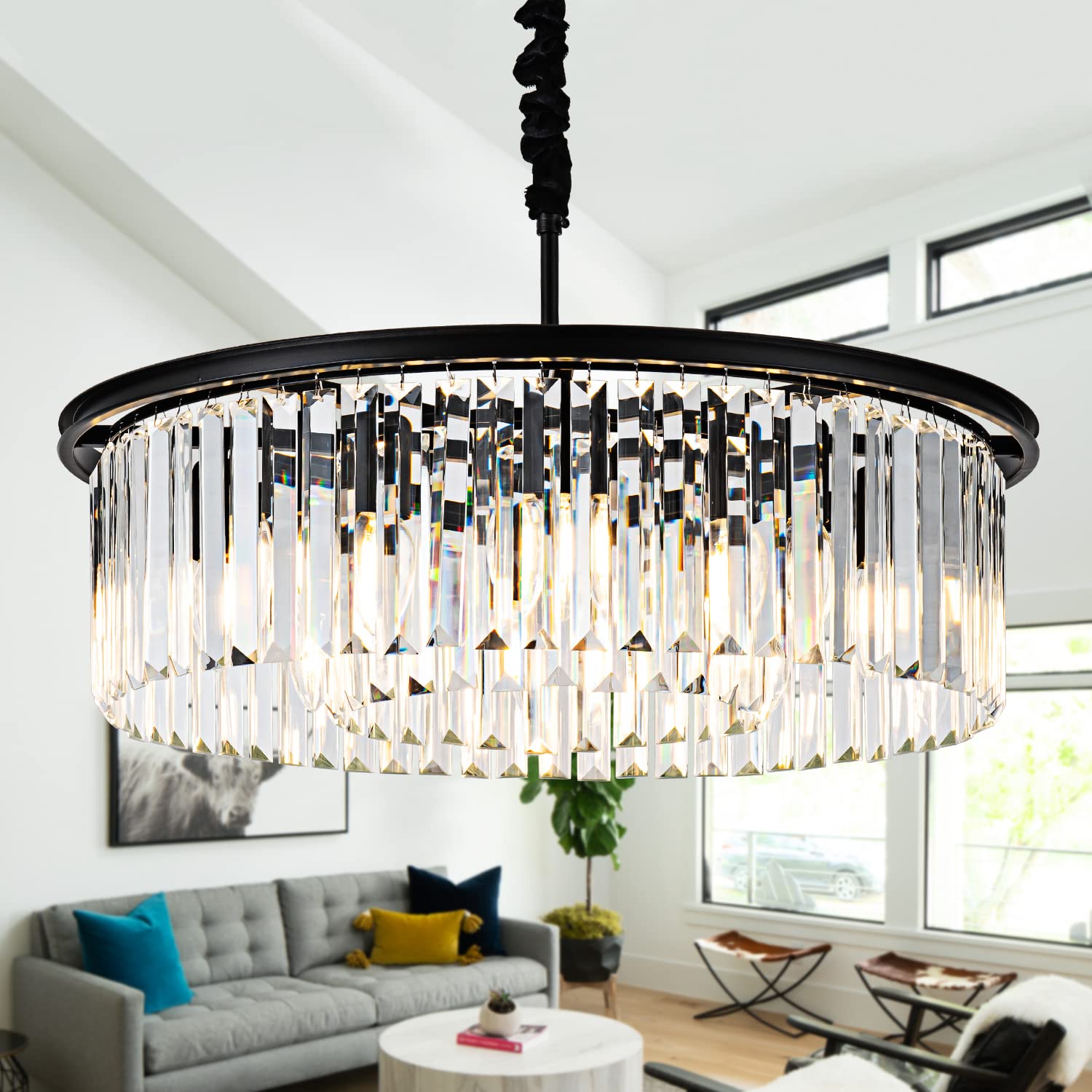 23&quot; 8-Light Modern Crystal Chandelier Light Fixtures 2 Rings Black Luxury Chandeliers for Dining Room Round Hanging Pendant Lighting for Living Room Kitchen Entryway Bedroom