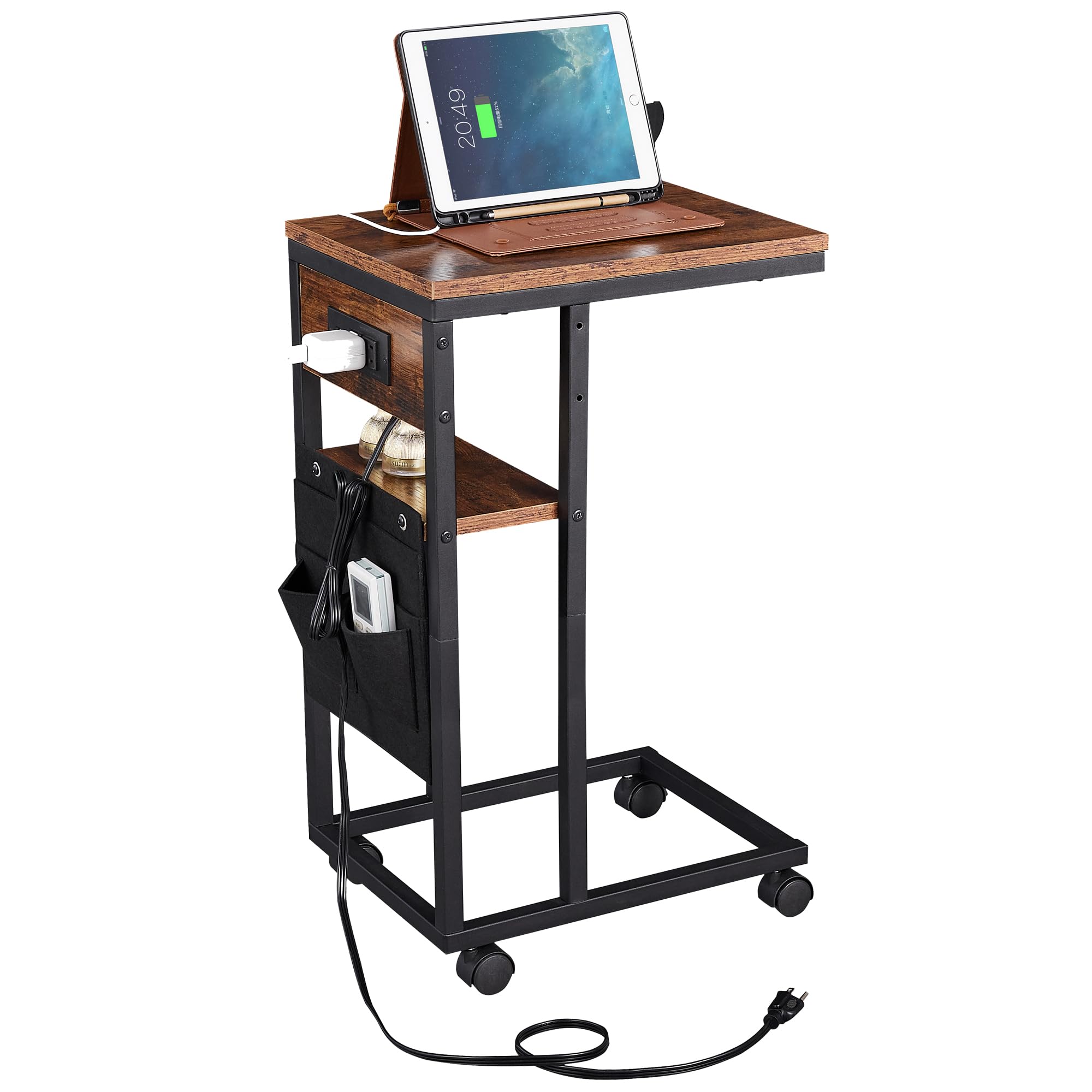 Side Table,End Table with Charging Station & USB Ports,C Shaped Side Table for Sofa Couch and Bed,Small Snack Table with Cloth Bag and Wheels
