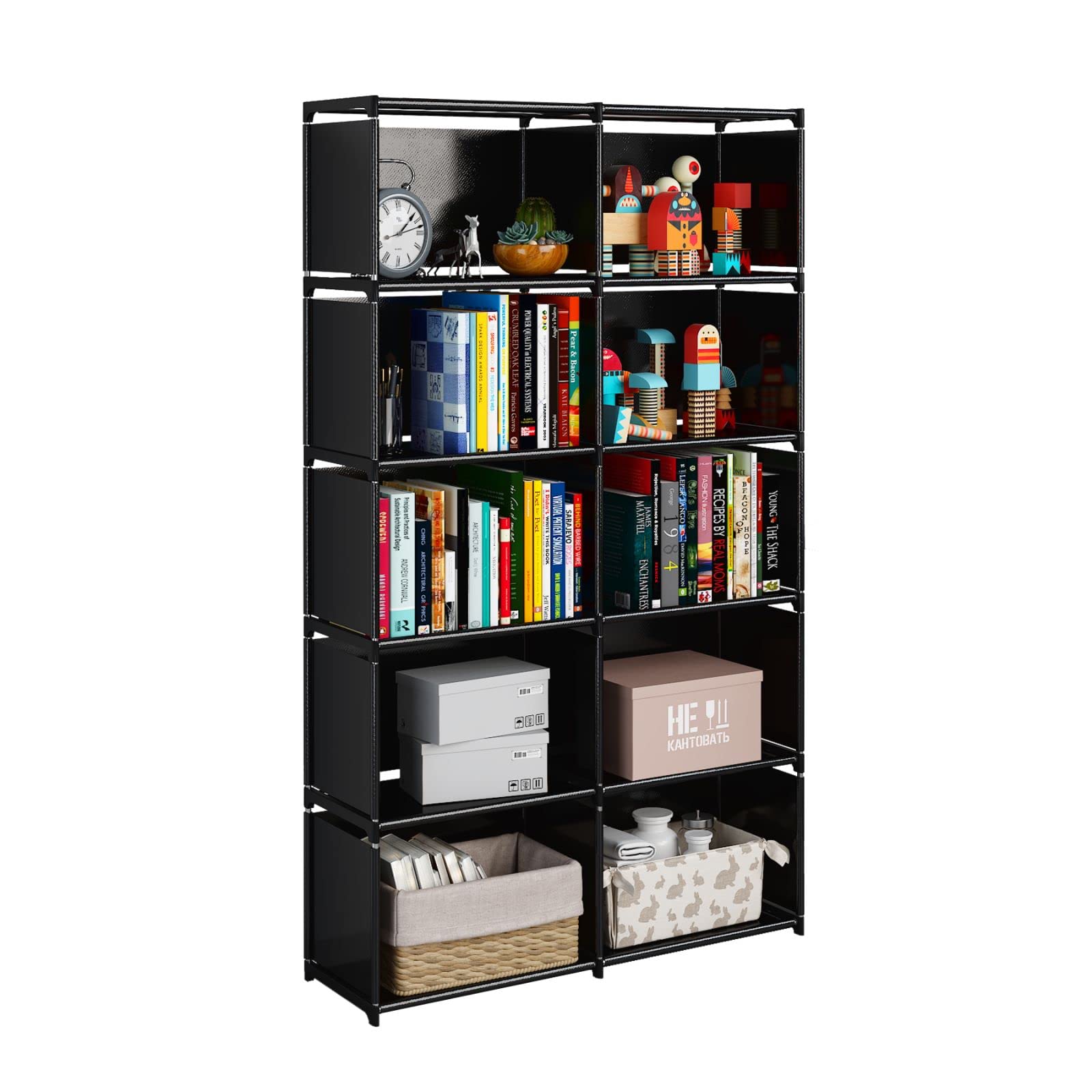 JIUYOTREE 6-Tiers Portable Bookshelf with Fabric Cloth at Back, 10 Cube Closet Storage Organizer Bookcase, Living Room,Study Room,Bedroom, Black