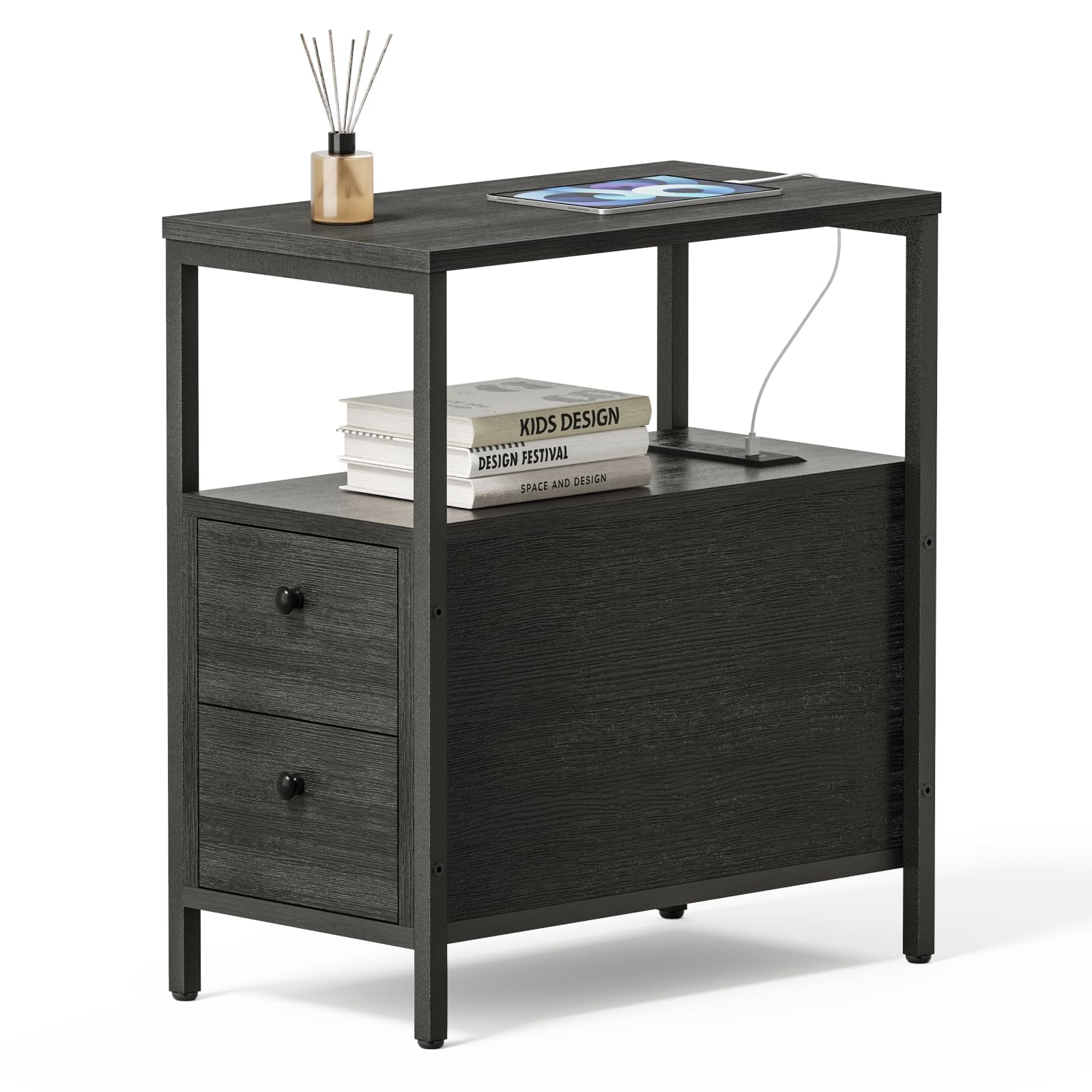 EVASTAR Side Table with Charging Station, Narrow Nightstand with 2 Drawers, Living Room End Table with Storage, for Small Spaces, Black