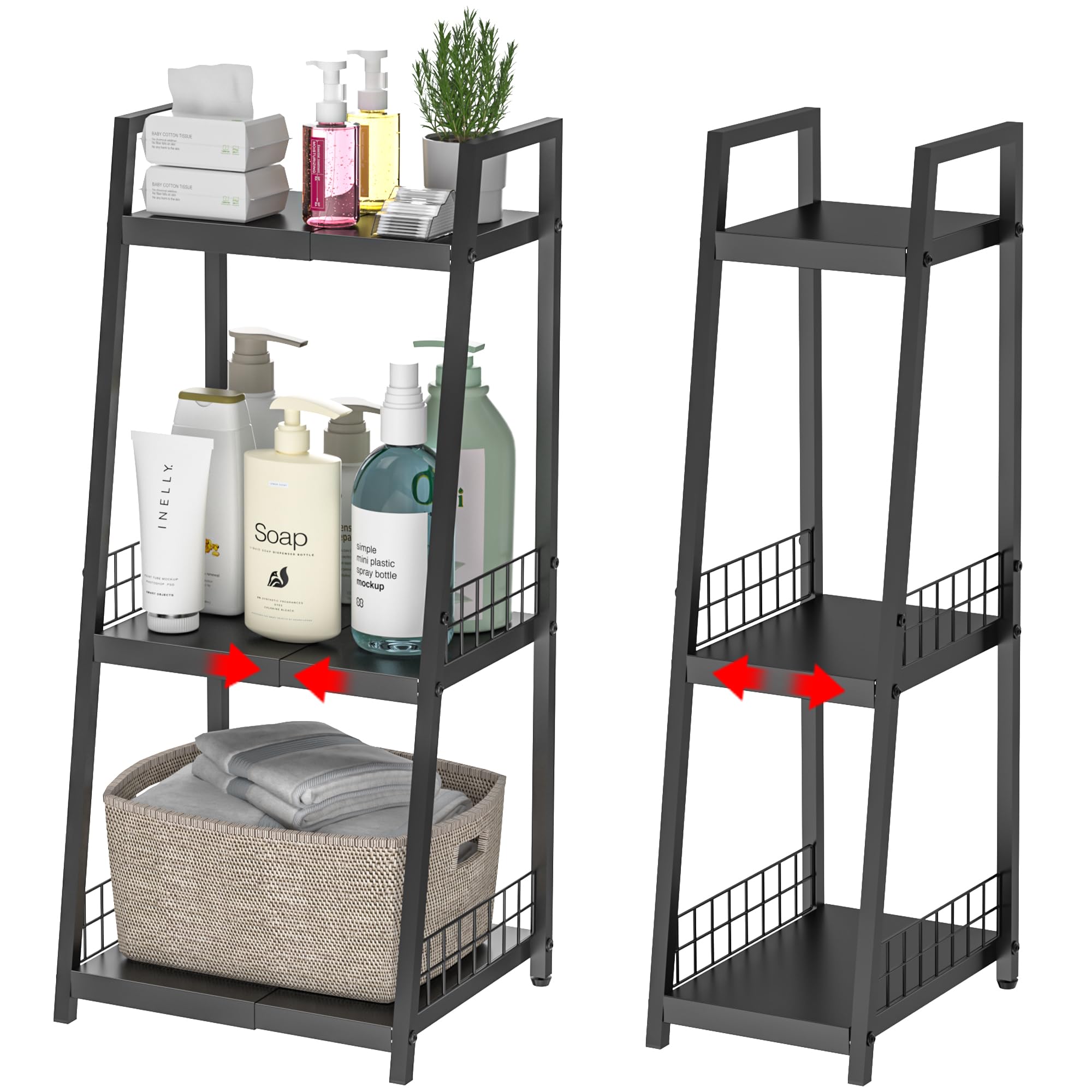 3-Tier Bathroom Shelves Metal Ladder Shelf, Expandable Freestanding Shelving Unit for Samll Space, Narrow Floor Storage Slim Open Shelf for Laundry, Kitchen, Balconey, Living Room