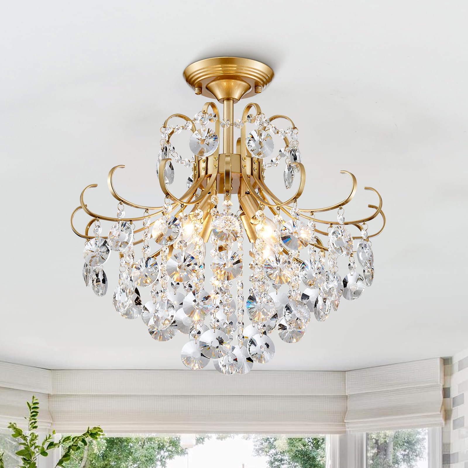 18&apos;&apos; Gold Chandelier Light Fixture, Crystal Modern Semi Flush Ceiling Light for Dining Room Living Room Bedroom Kitchen Hallway, 4 Lights