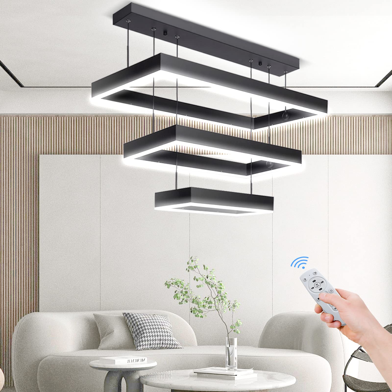 Modern Chandelier,Modern Led Chandelier,3 Rings Rectangle Chandelier for Living Room,Adjustable Height, Luxury Foyer Chandelier Lighting Fixture High Ceiling Hanging Dining Room LED Pendant Light