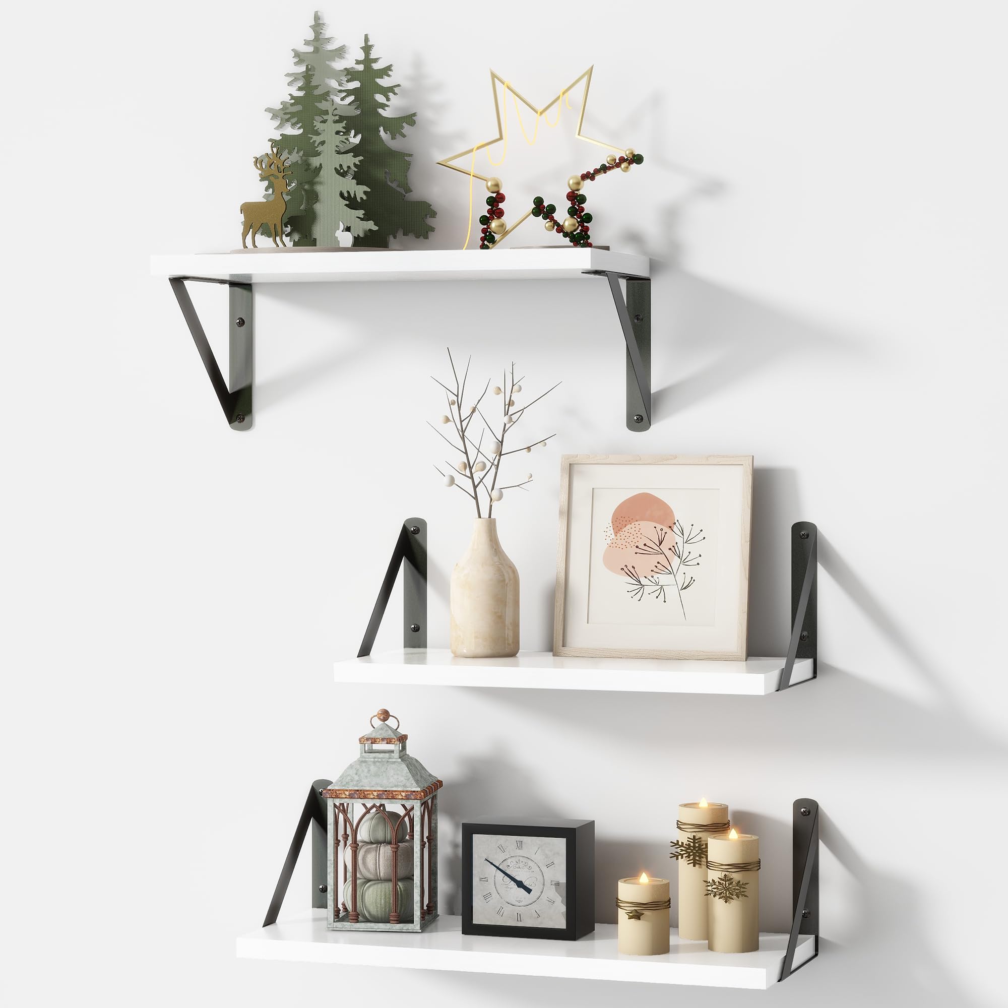 Fun Memories Floating Shelves Wall Mounted Set of 3, White Wall Shelves Bedroom Decor, Rustic Wood Floating Shelf for Books,Plants,Small Wall Shelf for Bathroom,Kitchen,Living Room (White & Black)