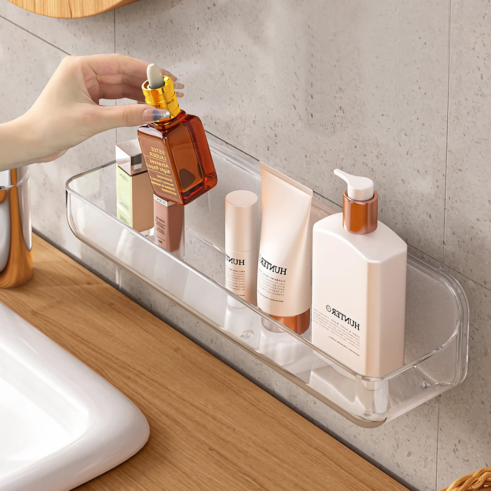 Acrylic Wall Mounted Shower Caddy, Clear, 12.4&quot; x 3.42&quot; x 3.26&quot; Acrylic Shelf, No Drilling Hang Walls Adhesive Shelf, Acrylic Bathroom Shelves with Self Adhesive Tape