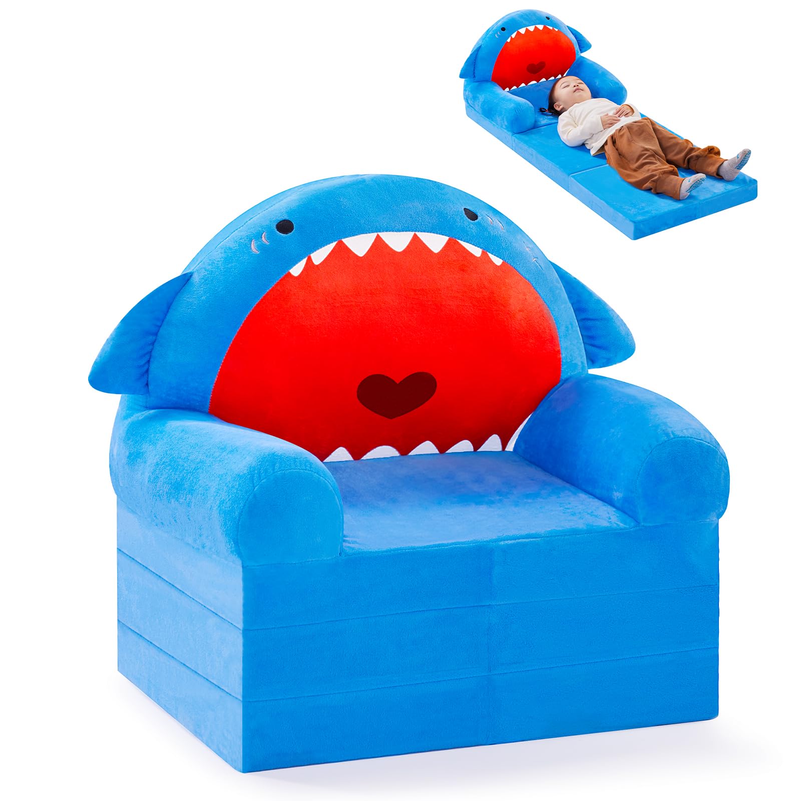 Kids Couch Fold Out Soft Toddler Chair, 3-in-1 Kids Chair for Toddlers, Kids Sofa Shark Chair, Children Couch for Toddlers 1-3, Kids Folding Toddler Chairs for Boys and Girls