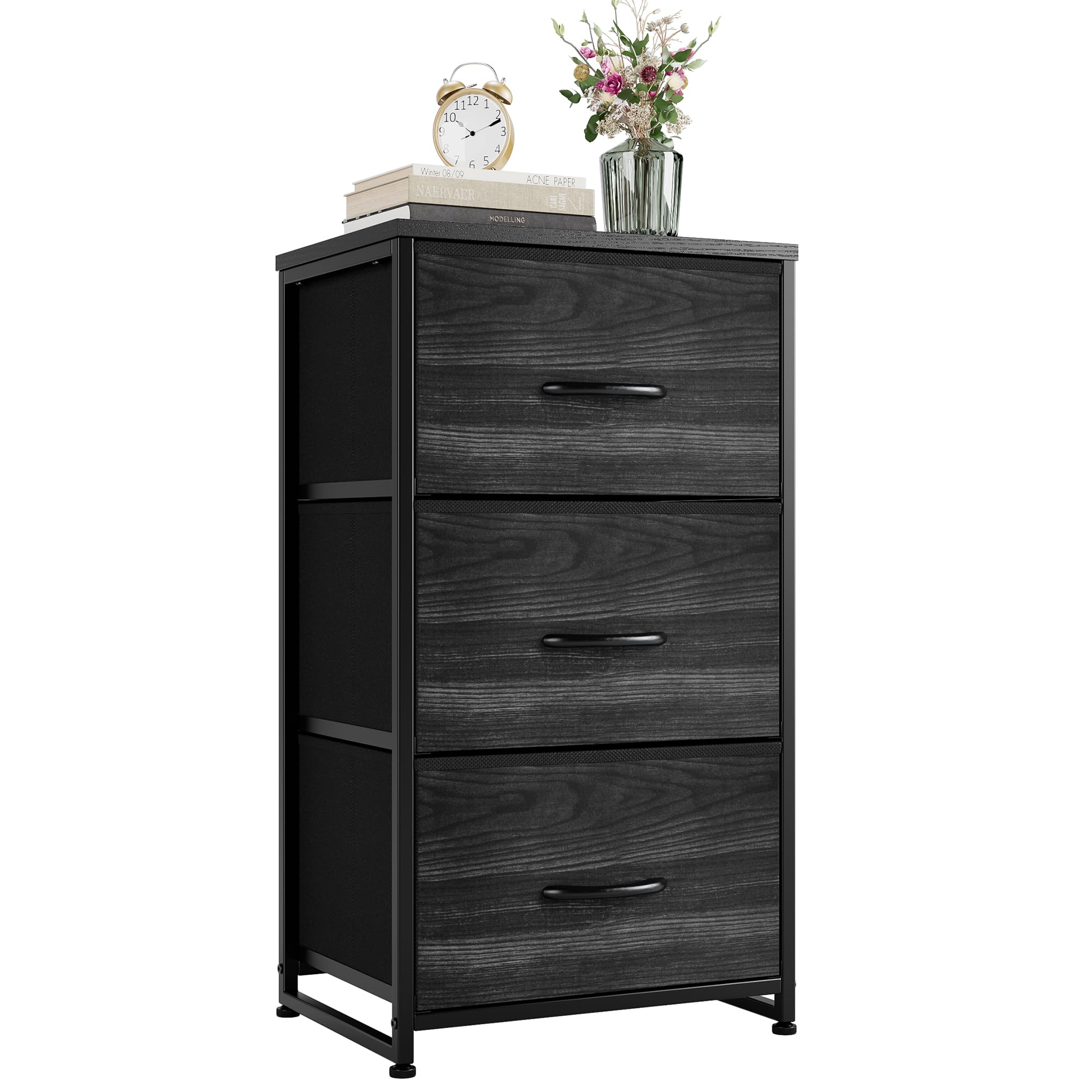 Nicehill Nightstand, Dresser with 3 Drawers, Bedside Table Chest of Drawers, Small Dresser for Bedroom, Kids&apos; Room, Closet, Kids Dresser with Wooden Top Steel Frame, Modern, Black Wood Grain