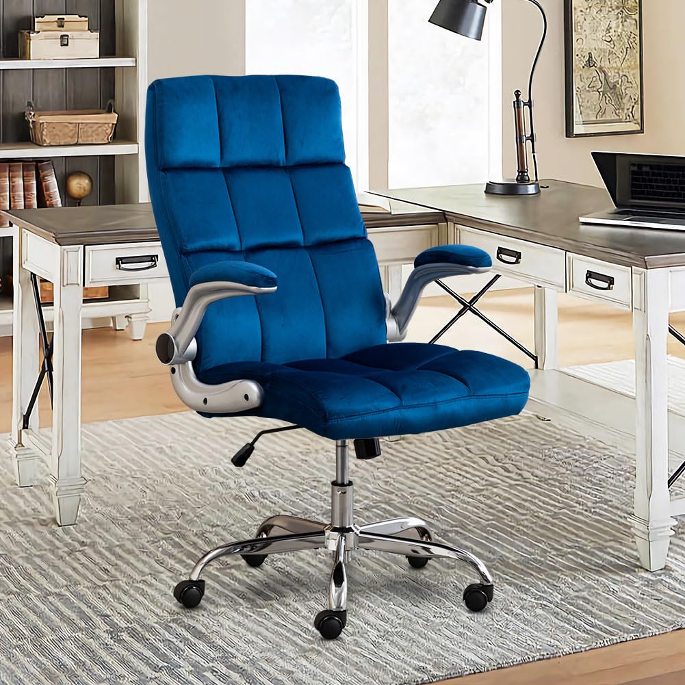 Velvet Chair Home Office Desk Chair, Modern Cute Vanity Chair for Women, Girls, High Back Tilt Angle, Flip-up Arms, Thick Padding for Comfort, Ergonomic Back Support (Blue)  Velvet