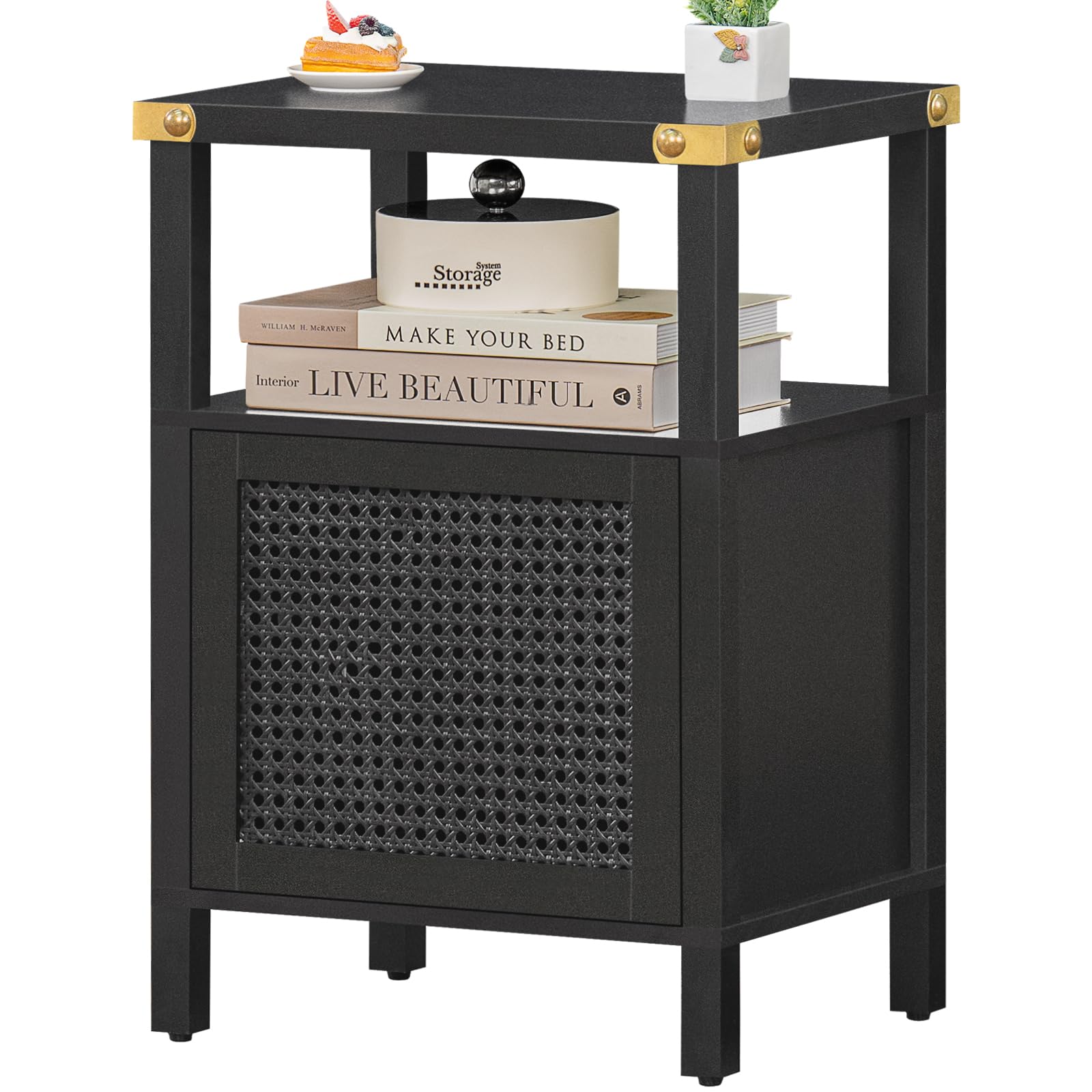 Lerliuo Rattan Nightstand, Side End Table with Handmade Natural Rattan Door and Open Shelf, Wood Accent Night Stand with Storage, Mid Century Modern Bedsides Table for Bedroom, Living Room (Black)