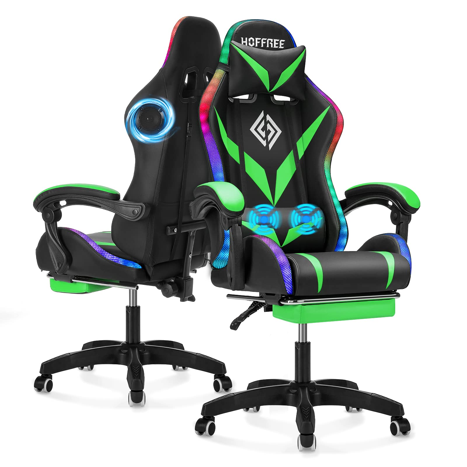 Gaming Chair with Bluetooth Speakers and RGB LED Lights Ergonomic Massage Computer Gaming Chair with Footrest Video Game Chair High Back with Lumbar Support Light Green and Black  Nylon