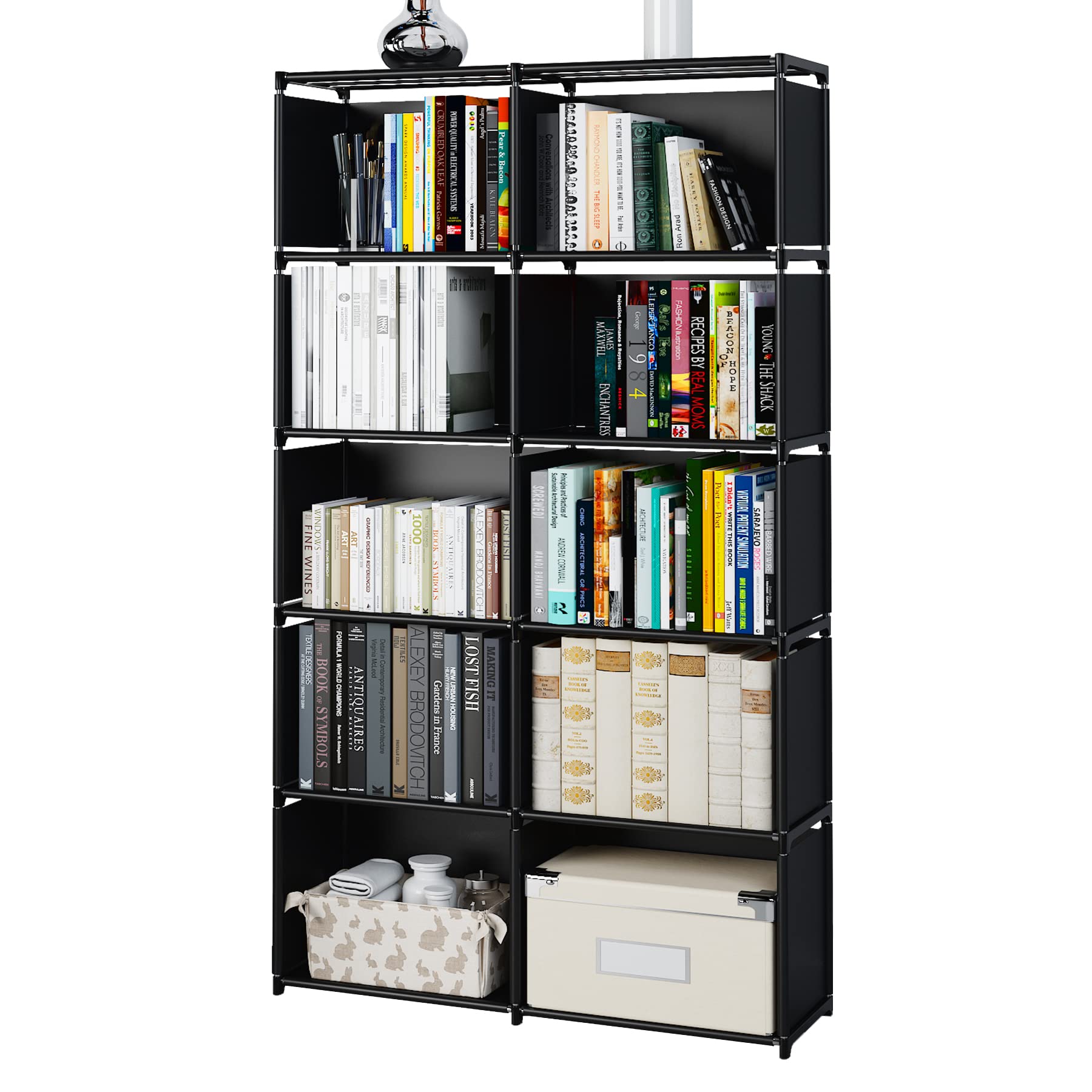 Bookshelves, Assembled Storage Rack, Bedroom Living Room Vertical Cabinet Bookshelf, Double Row 10-Grid Multi-Functional Storage Equipment (Black)