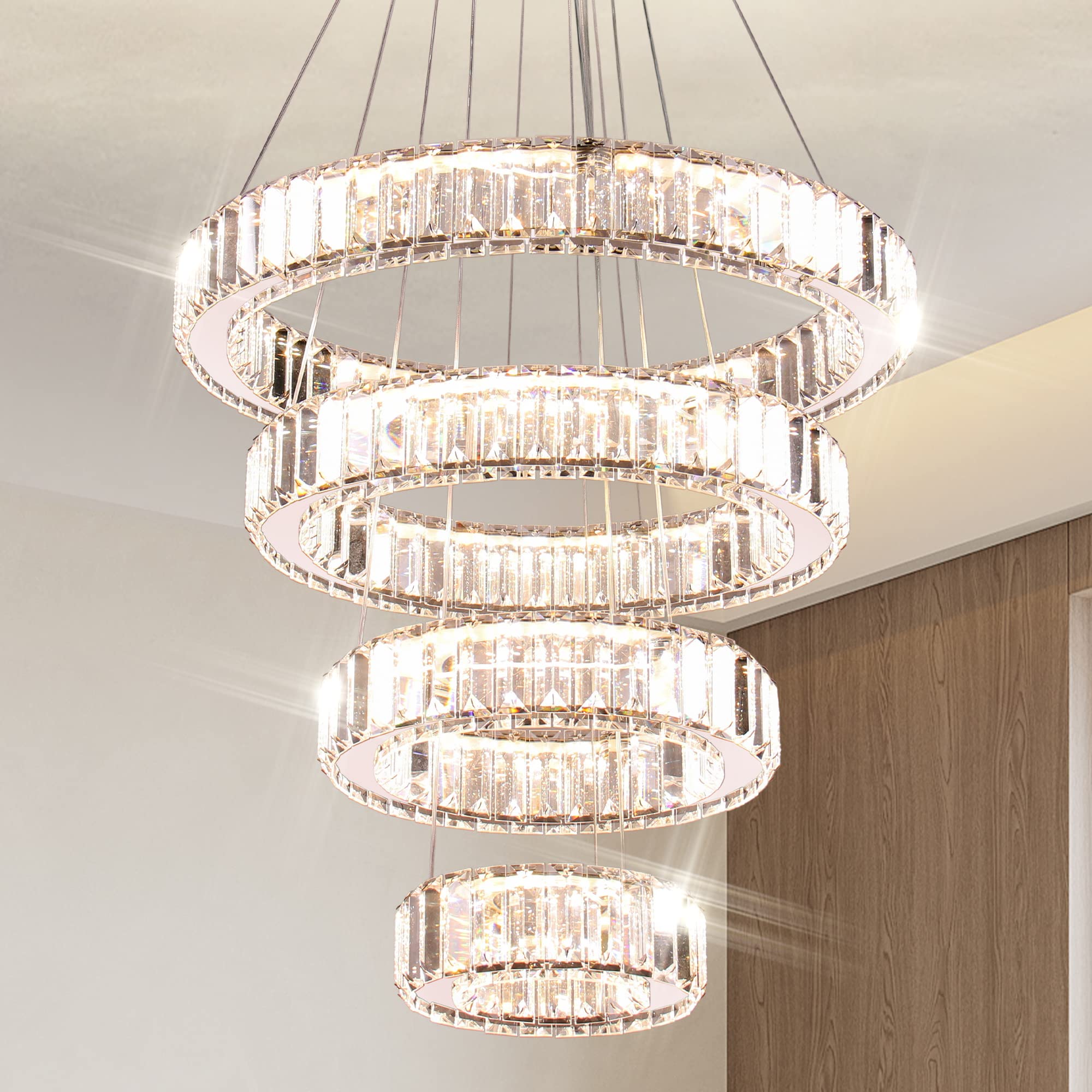Modern LED Chandelier 4 Ring Chandelier Crystal Pendant Light High Ceiling Foyer LED Chandelier for Dining Room Living Room,2700K/4500K/6500K, Dia 7.9&quot;+11.8&quot;+15.7&quot;+19.7&quot;