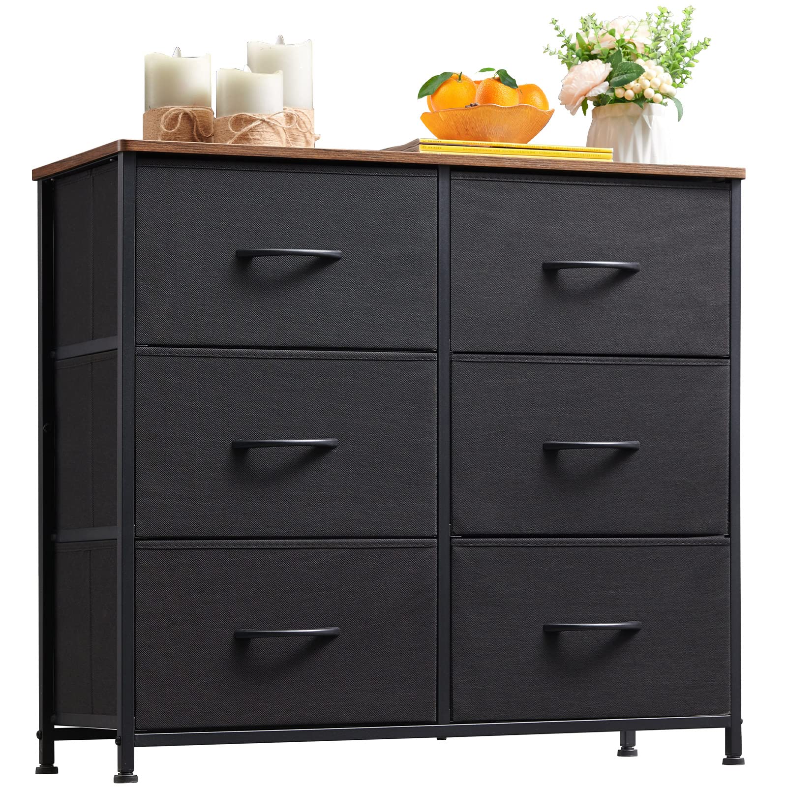 Somdot Dresser for Bedroom with 6 Drawers, 3-Tier Wide Storage Chest of Drawers with Removable Fabric Bins for Closet Nursery Bedside Living Room Laundry Entryway Hallway, Black/Rustic Brown