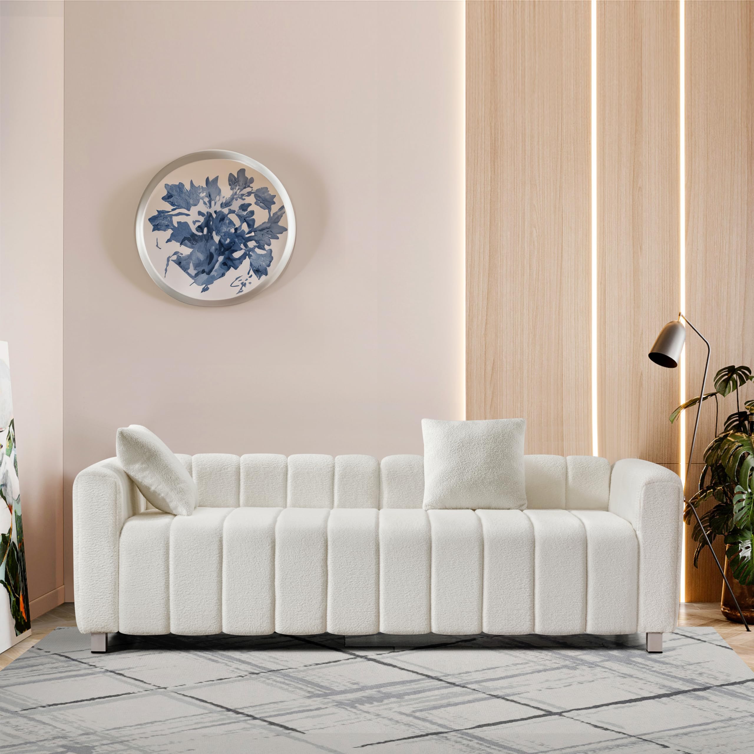 82 Teddy Couch Sofa - Plush Three-Seater Couch, Comfortable Deep Seat Living Room Cozy Sofa Elegant Tufted Design with 2 Throw Pillows Modern Chic Lounge Easy Assembly White
