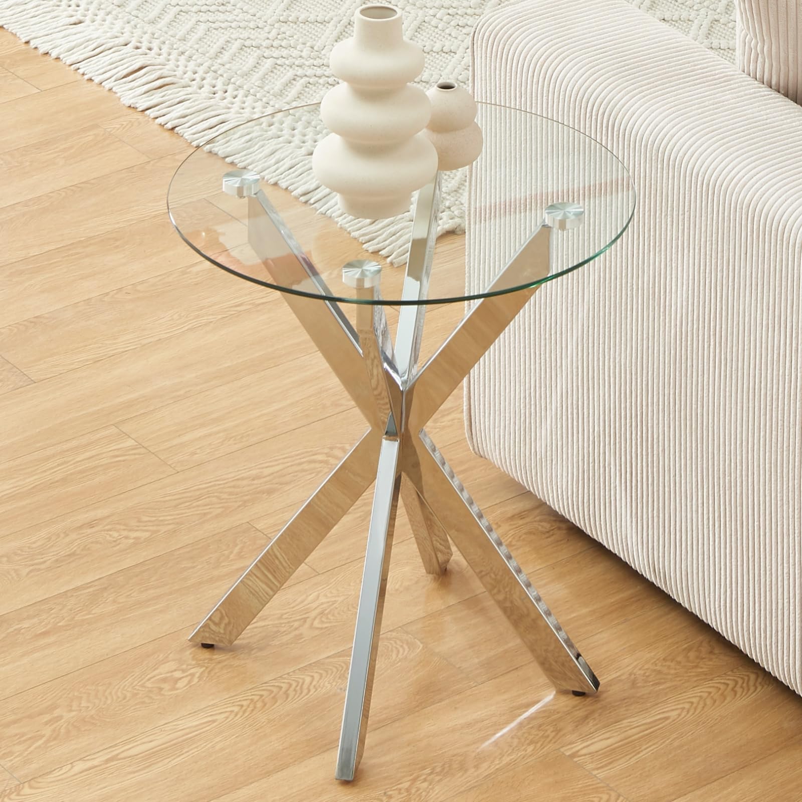 Modern Glass End Table, Small Round Side Table for Couch, Sofa Table with Clear Tempered Glass Top for Living Room, Bedroom, Bedside, 19.7&quot; Wx21.7 H Silver