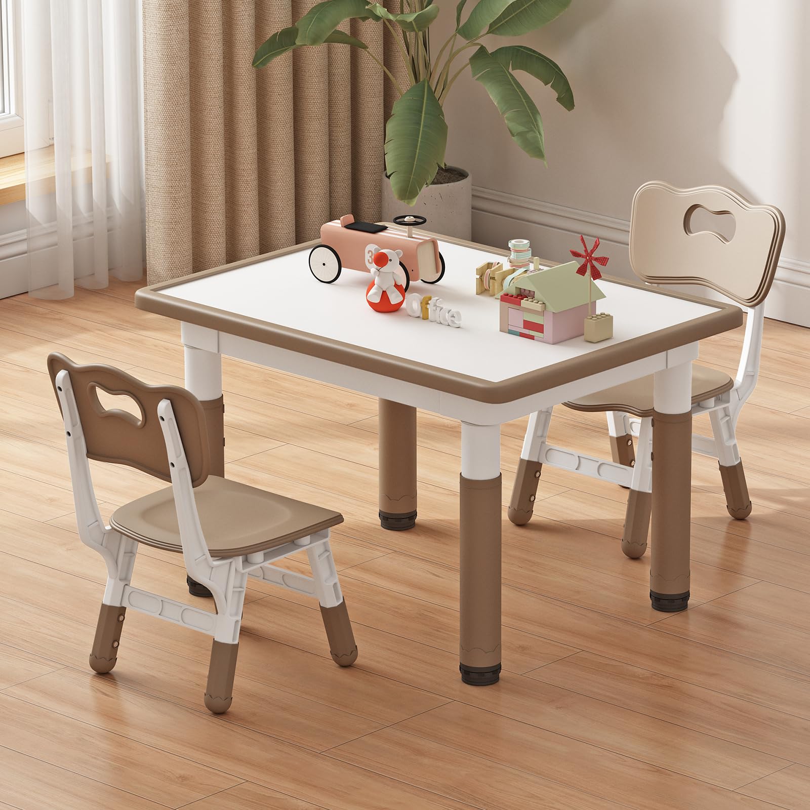 Toddler Table and 2 Chairs, Kids Table and Chair Set Height Adjustable, 31.5&apos;&apos;L x 23.6&apos;&apos;W Multifunctional Kids Table for Reading, Drawing, Eating, for Girls & Boys Age 2-10, Brown-02