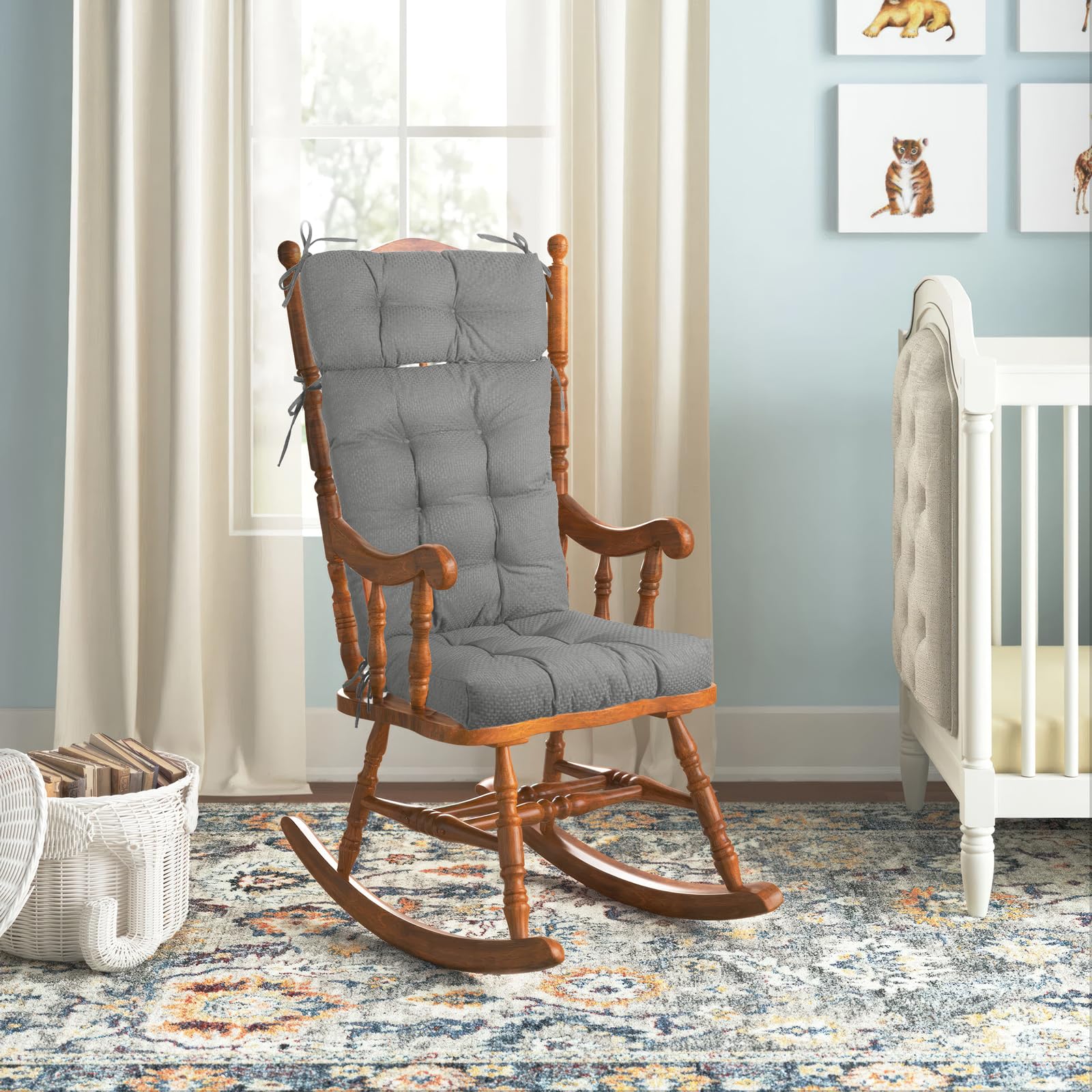 Rocking Chair Cushion - Sackcloth Fabric, High-Density Sponge, Durable Comfort Non-Slip Bottom Tufted Seat Pads with Ties, (Sackcloth I Light Grey, 52x19x4