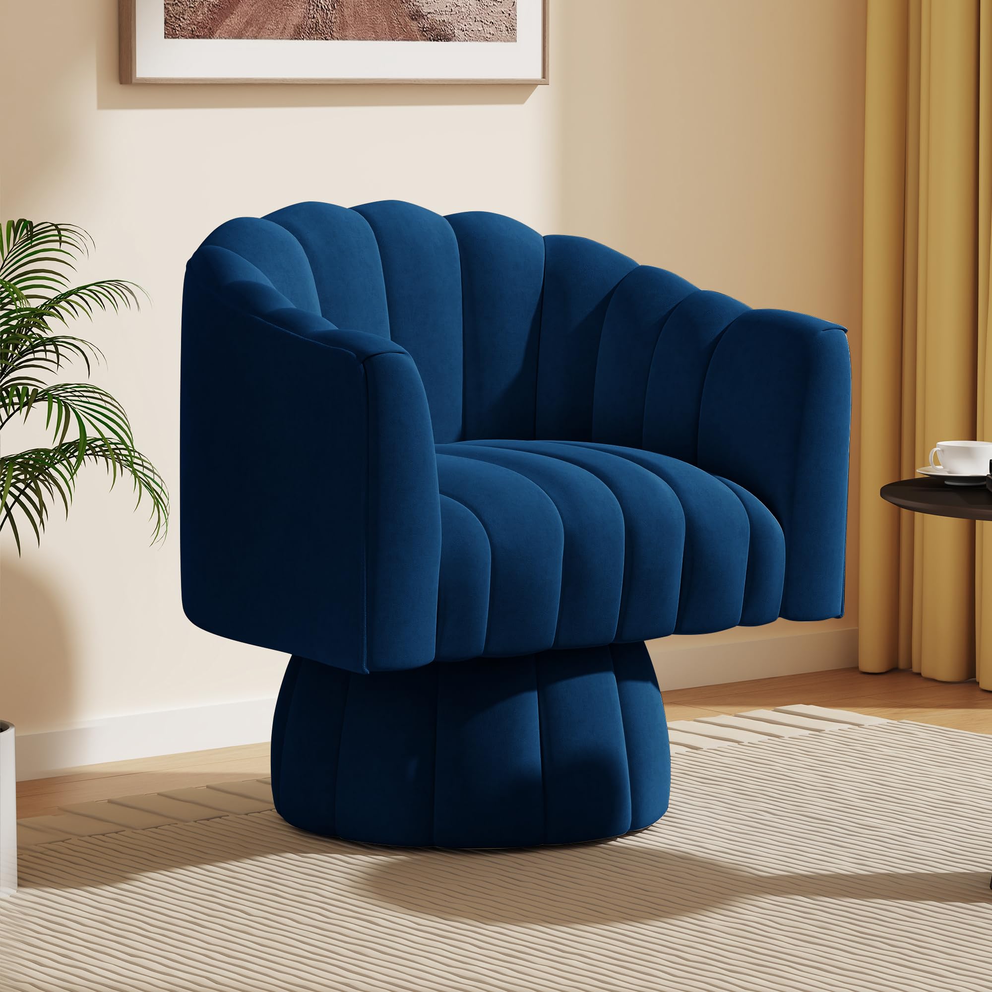 Mid Century 360 Degree Swivel Cuddle Barrel Accent Sofa Chairs, Round Armchairs with Wide Upholstered, Fluffy Velvet Fabric Chair for Living Room, Bedroom, Office, Waiting Rooms, (Navy)  Velvet