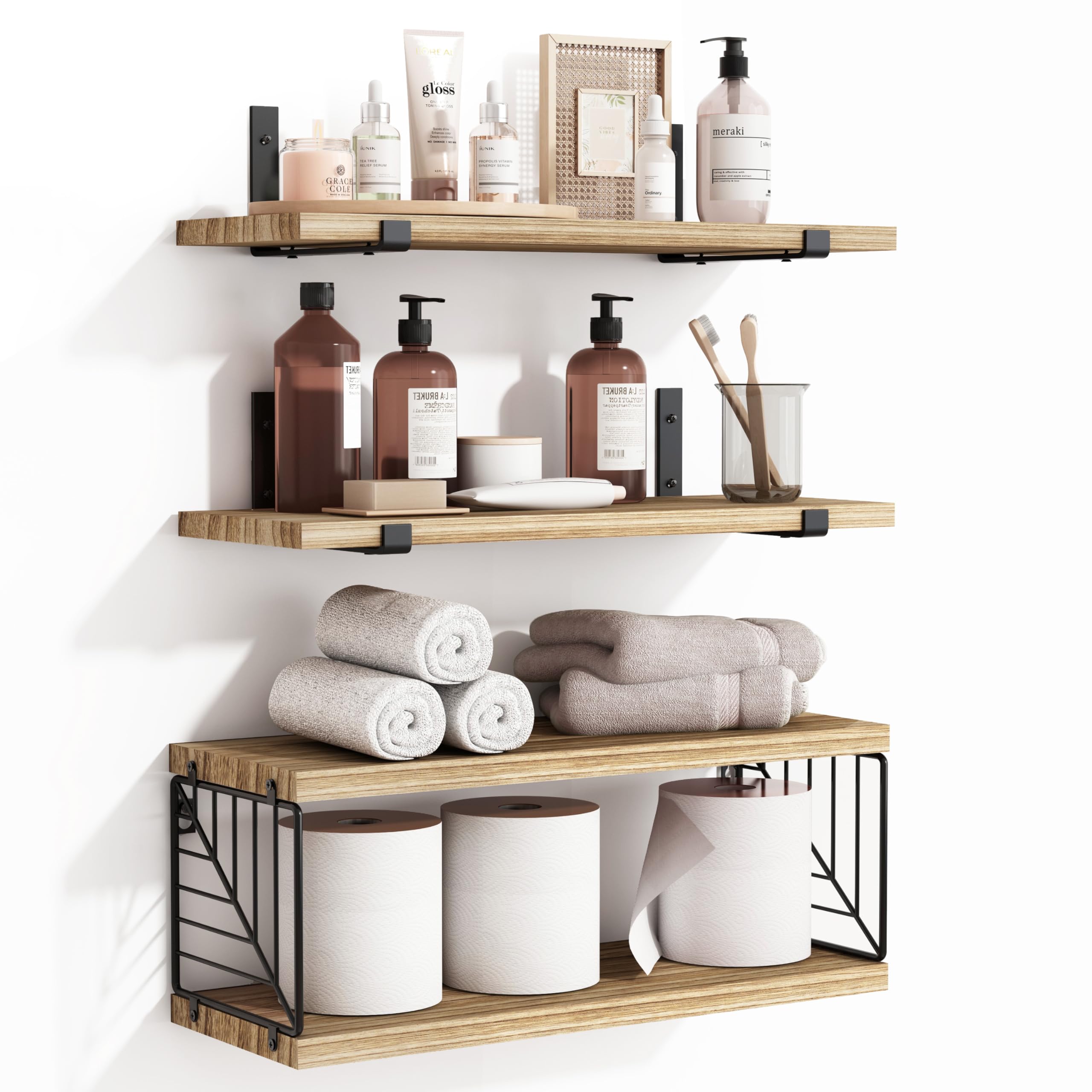 Fixwal 3+1 Tier Bathroom Floating Shelves Over Toilet, 15.8in Farmhouse Rustic Wood Shelves, Wall Decor for Bathroom, Living Room,Bedroom and Kitchen (Rustic Brown)