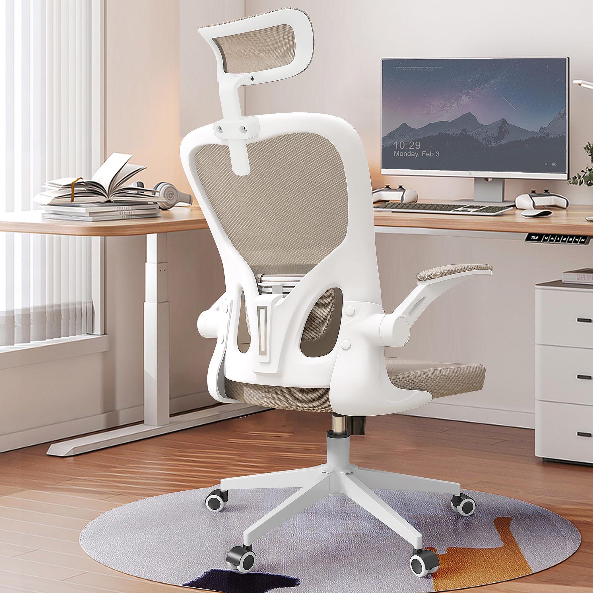 Office Chairs, Ergonomic Office Chair, Computer Chair with Adjustable Headrest, Lumbar Support, 2D Armrest, Metal Base and Iron Legs, Beige Mesh Office Chair