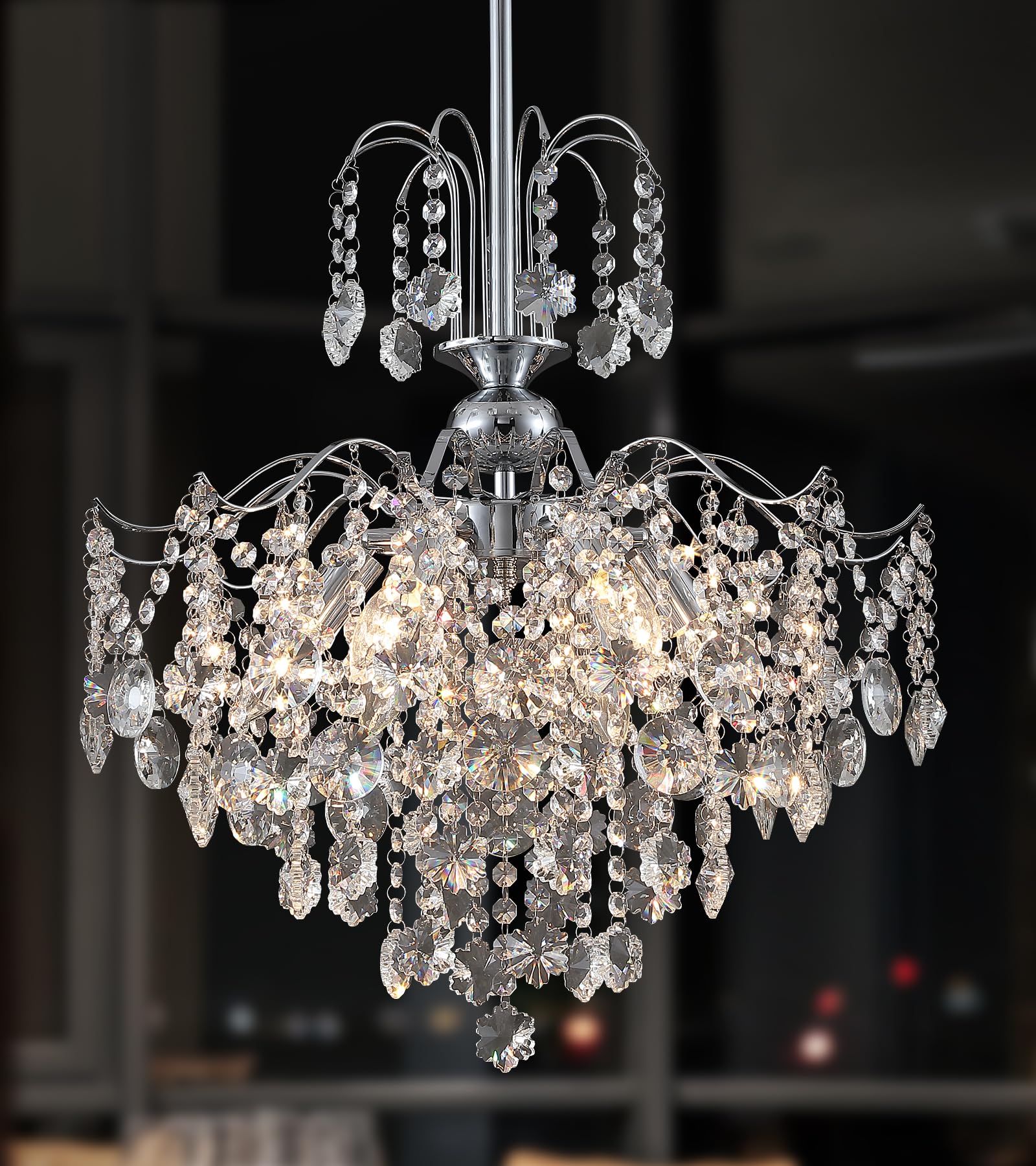 Q&S Modern Crystal Chandelier Chrome Pendant Light 6 Lights for Dining Room Kitchen Island Entryway Bathroom Hallway UL Listed