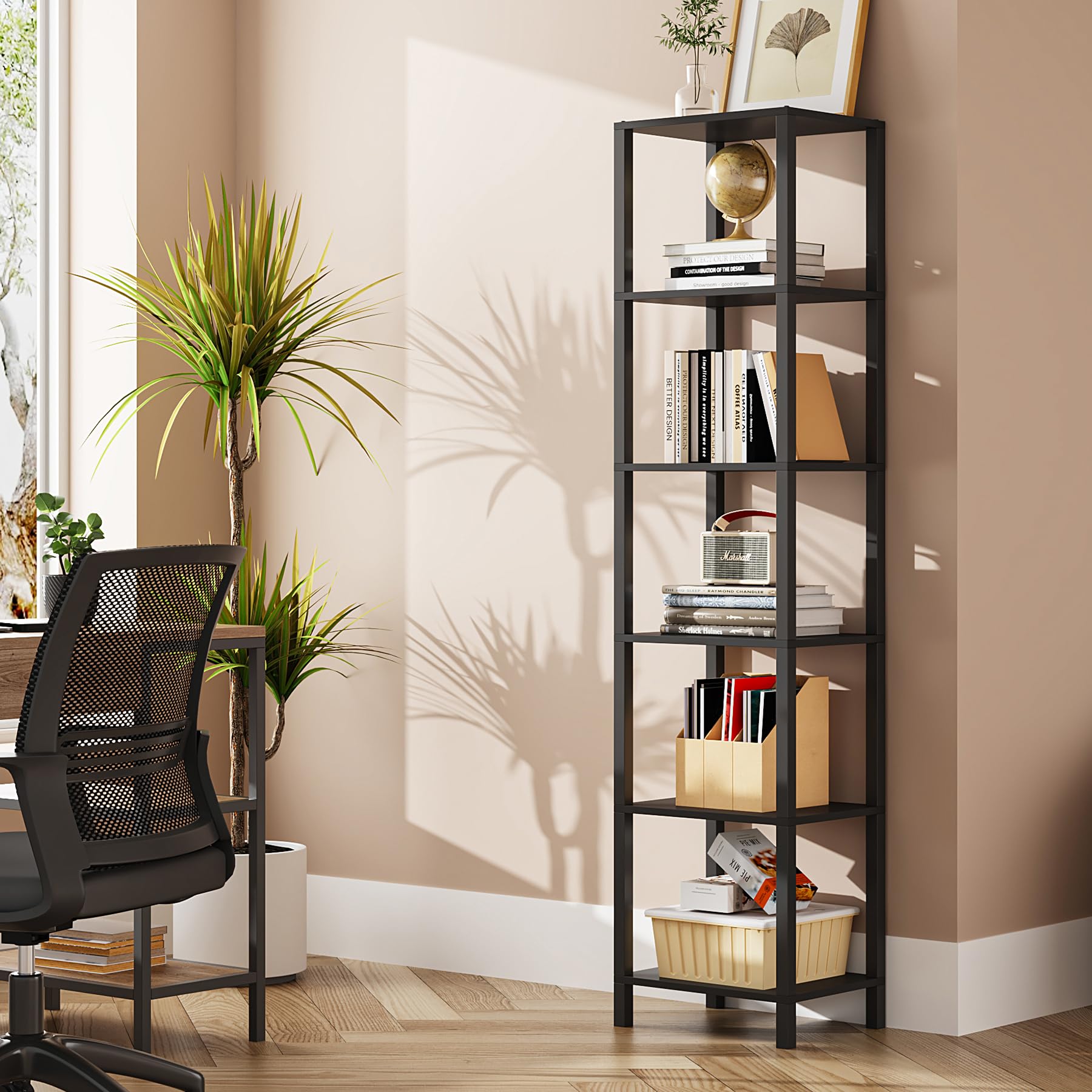 TUTOTAK Bookshelf, 6-Tier Tall Book Shelf, Narrow Bookcase for Small Space, DIY Stackable Bookshelf, for Living Room, Office, Study, Entryway, Industrial, Black BS01BK006
