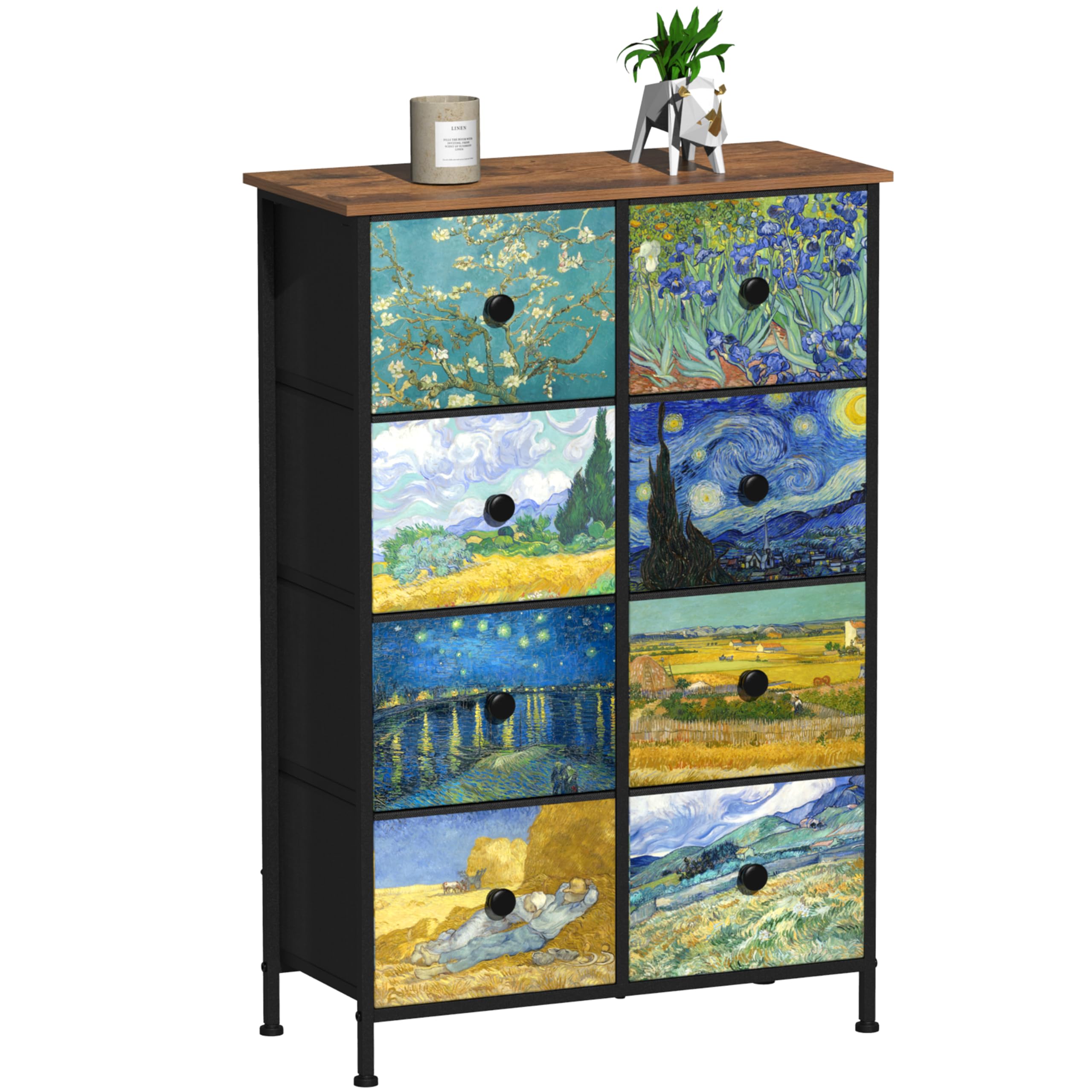 Tall Dresser with 8 Drawer for Bedroom Narrow Van Gogh Chest of Drawers for Hallway Closet Living Room Steel Frame Rustic Brown Wood Grain Wood Top