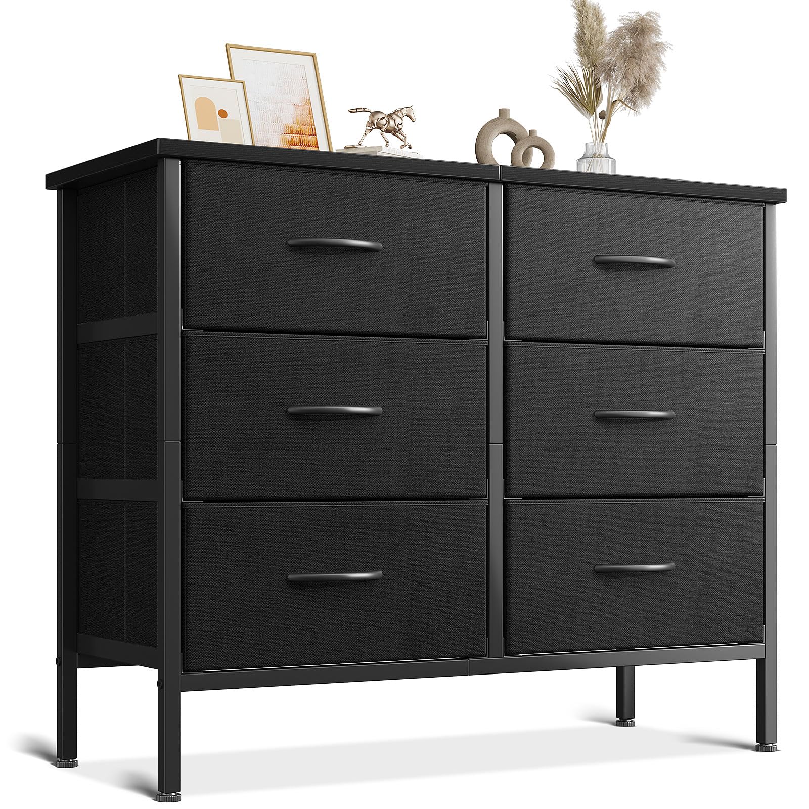 Dresser for Bedroom Dresser TV Stand with 6 Storage Drawers, Small Fabric Dresser Chest of Drawers for Closet Organizer Clothes, Black