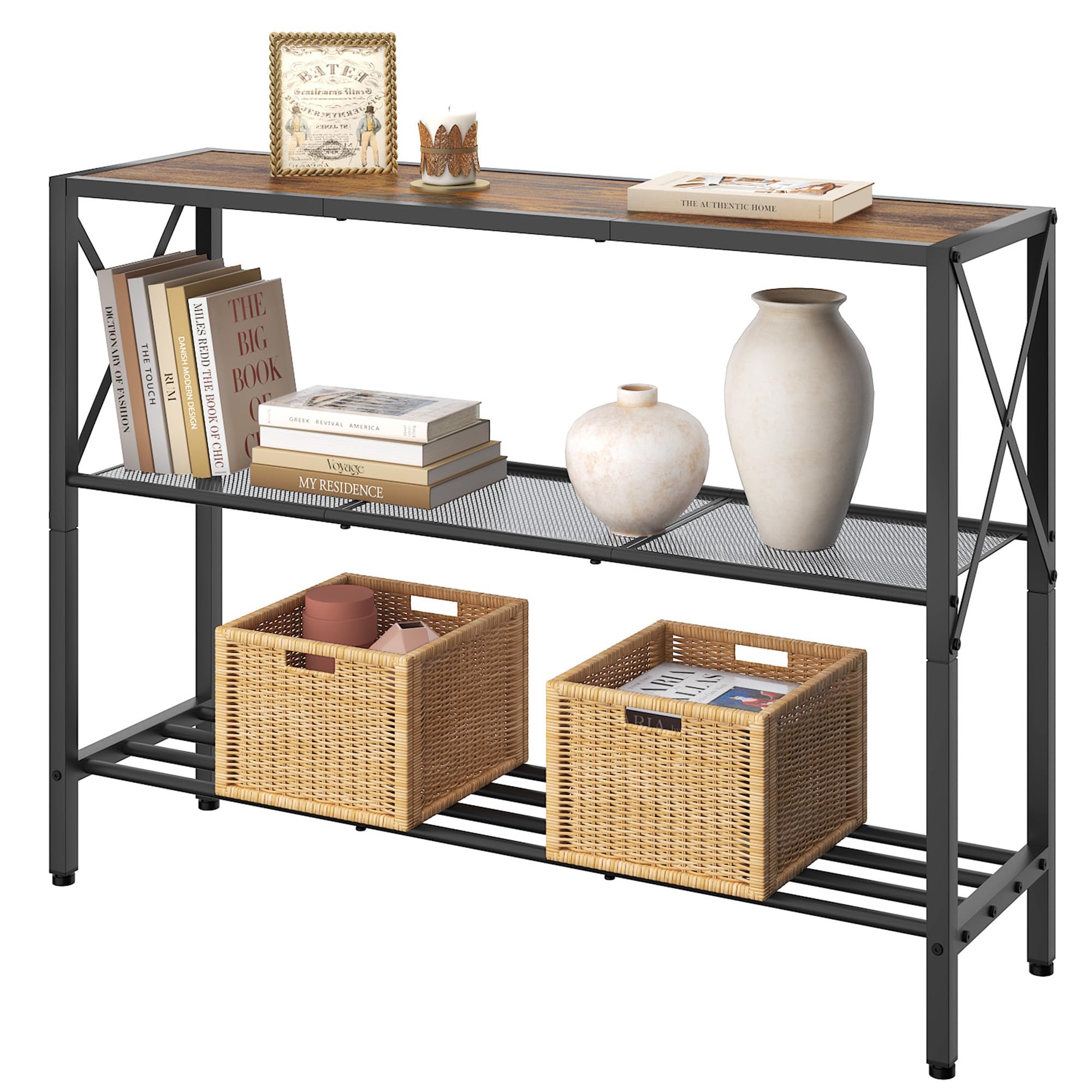 Hoctieon Industrial Console Table, 3 Tier Entryway Table, Hallway Table, Narrow Sofa Table with Shelves, Entrance Table for Entryway, Living Room, Foyer, Hallway, Office, Rustic Brown&Black