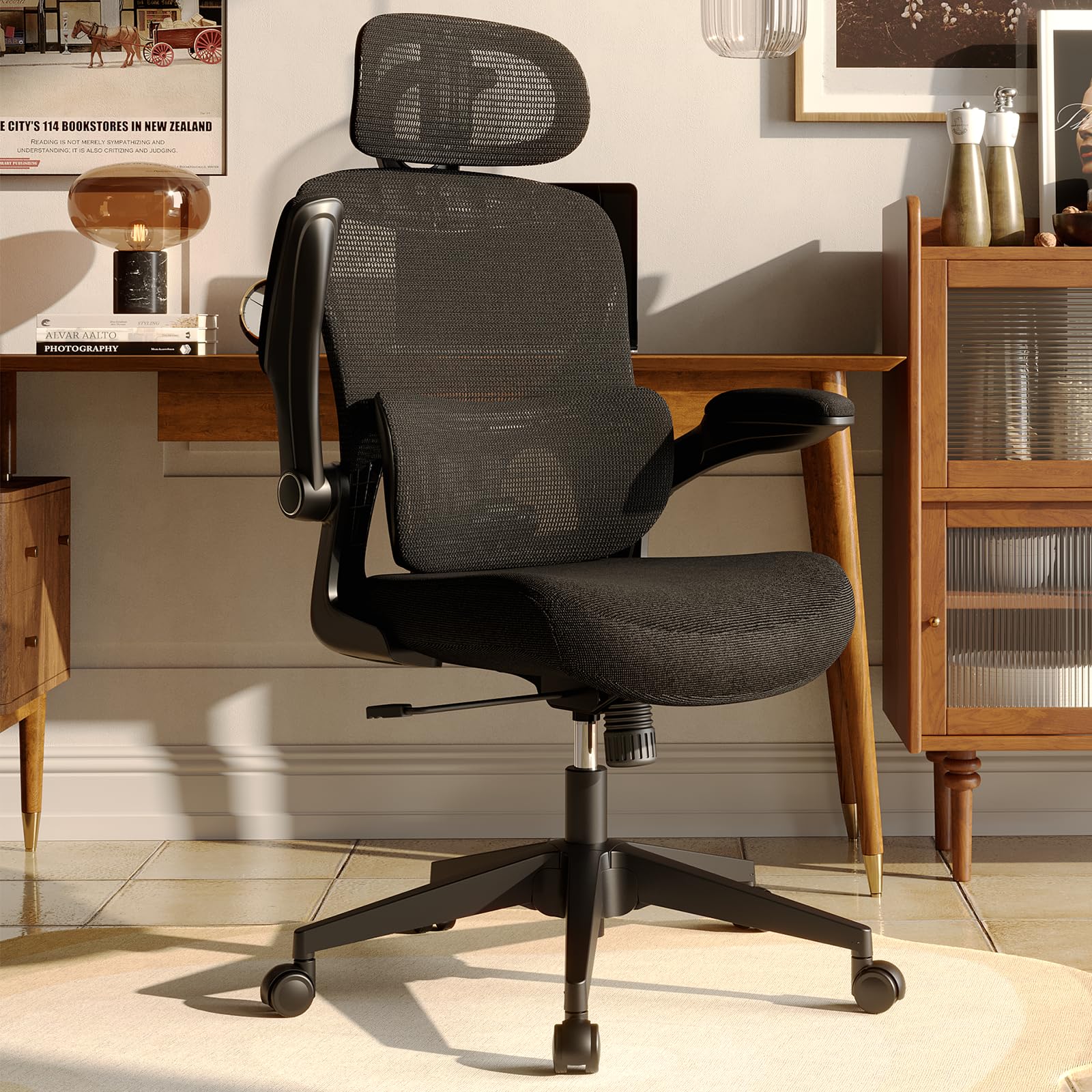 Ergonomic Mesh Office Chair, High Back Desk Chair with Adjustable Lumbar Support, Flip-Up Arm, Headrest, Swivel Rolling Wheel, Big and Tall Comfy Computer Gaming Task Chairs for Adults
