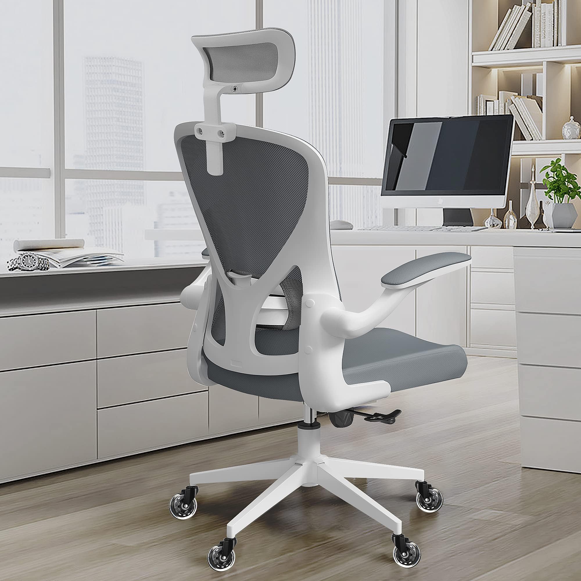 Home Desk Chair Ergonomic Chair with Headrest Study Chair Computer Chair Desk Chair Adjustable Headrest Lumbar Support Office Chair Heavy Duty Office Chair with Metal Base Gray  Metal