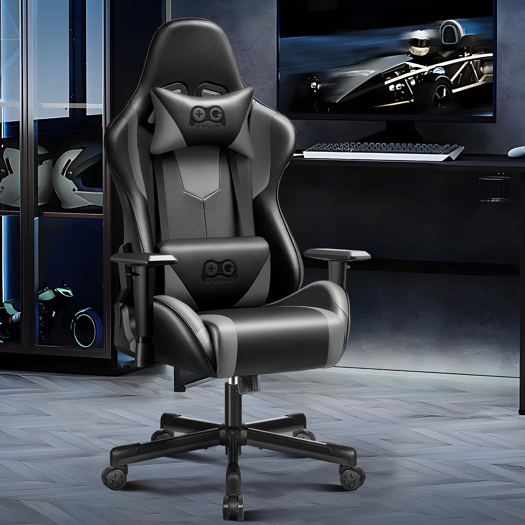 Gaming Chair Ergonomic, Racing Style PU Leather Game Chair, Adjustable Backrest Swivel Ergonomic Gamer Chair with Lumbar Support, Blackgray  Leather