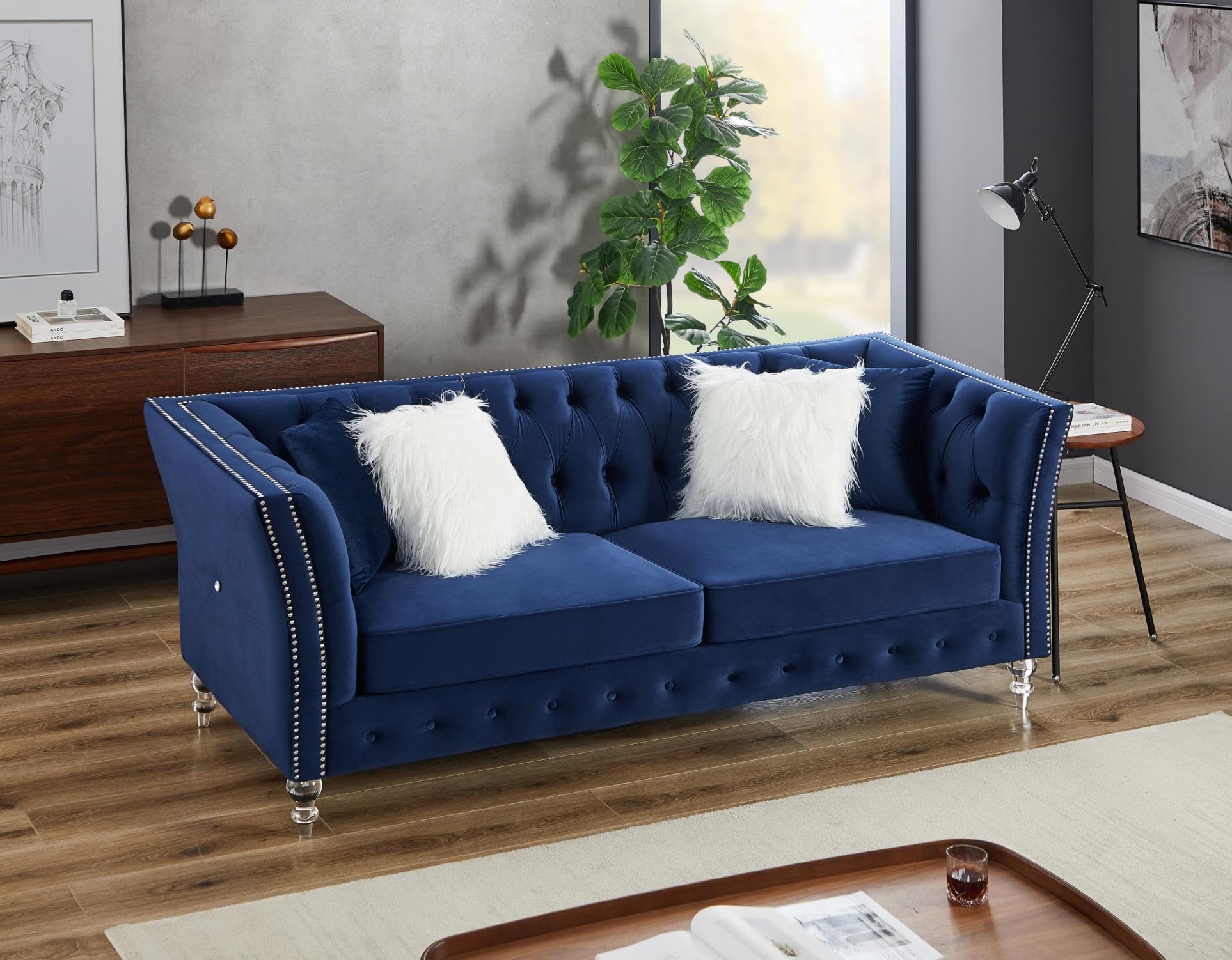 86.61 3-Seater Velvet Sofa, Tufted Back Deep Seat 3 Seat Capacity Spacious, Comfortable, and Stylish, Elegant for Living Room Navy Blue
