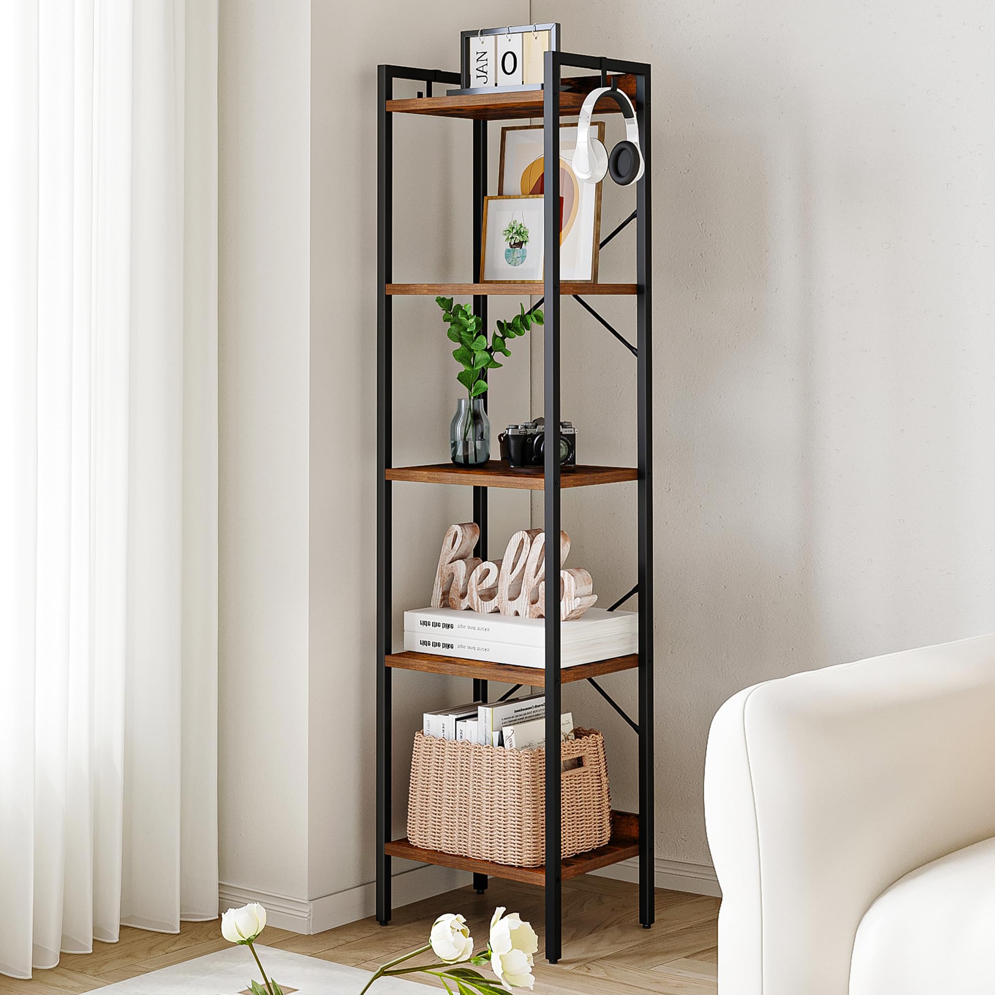 Bookshelf, 5-Tier Narrow Book Shelf, Industrial Bookcase with 2 Hooks,Etagere Coner Shelf Storage Organizer for Home Office, Living Room, Bedroom, Kitchen, Rustic Brown and Black BC10501B