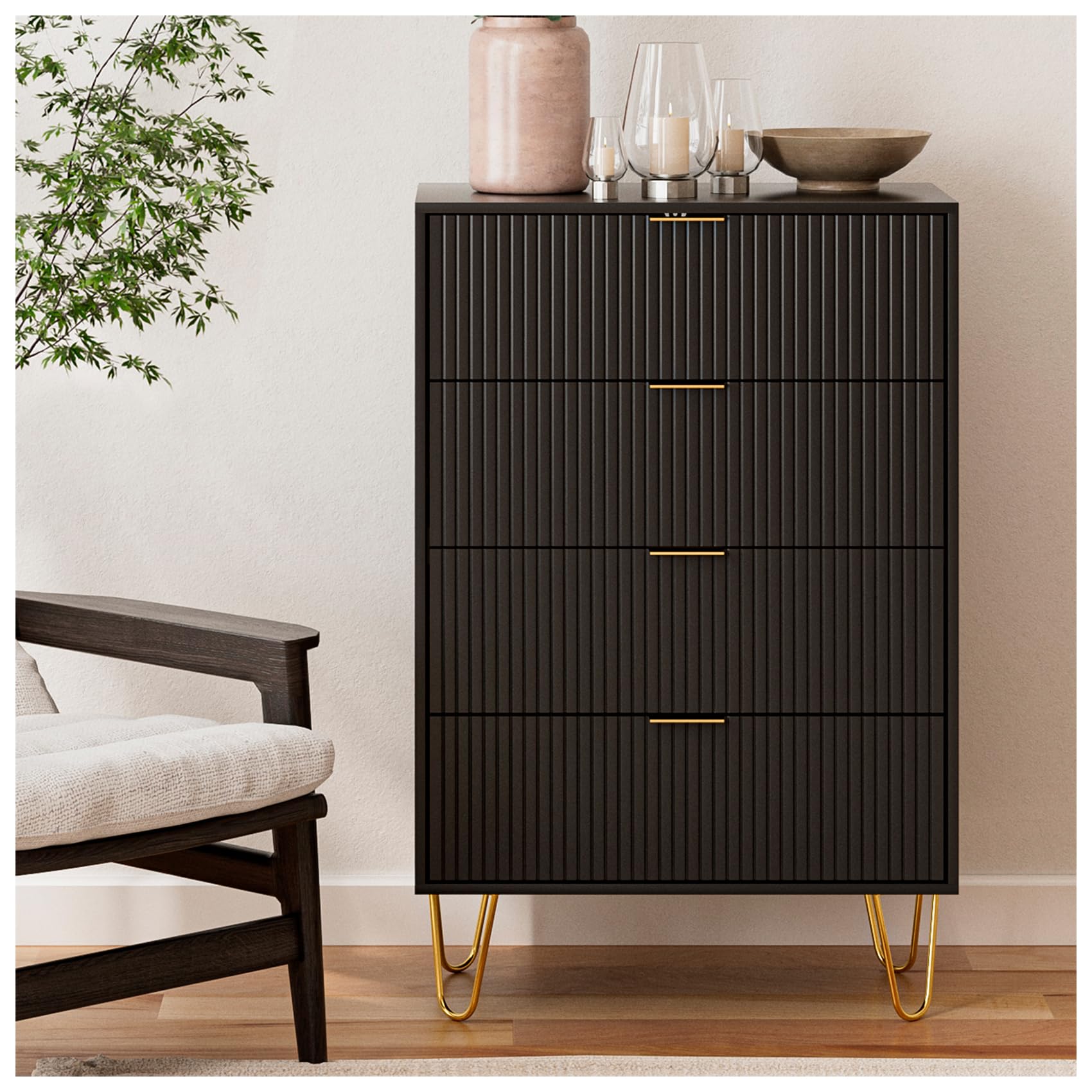4 Drawer Dresser,Drawer Chest,Tall Storage Dresser Cabinet Organizer Unit with Gold Handles,Black Dresser for Bedroom, Living Room, Closet, Hallway,Black Stripe