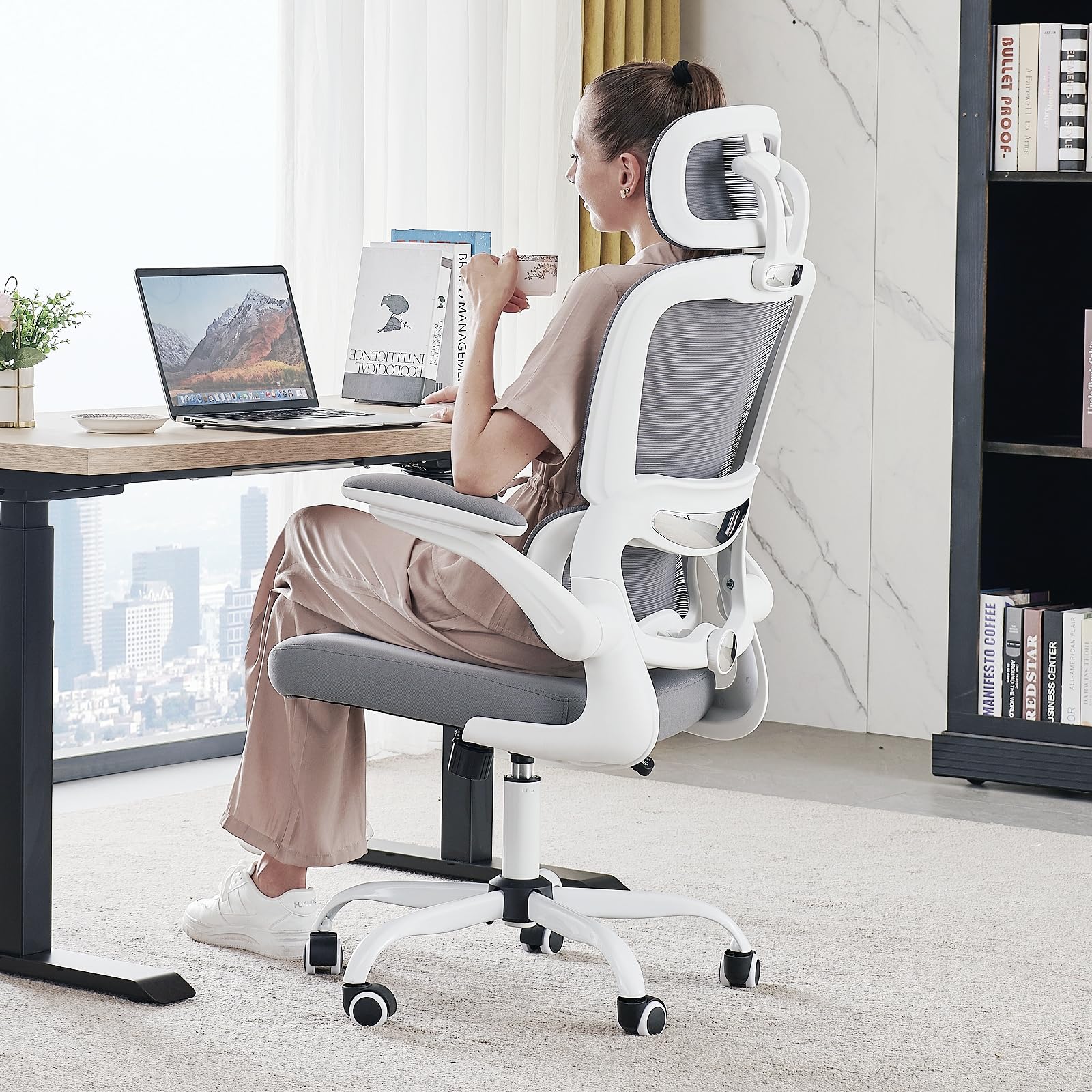 Office Chair Ergonomic Desk Chair, 330 LBS Home Mesh Office Desk Chairs with Wheels, Comfortable Gaming Chair, High Back Office Chair for Long Hours, Office Chair for Study and Work (White)  Nylon, Metal