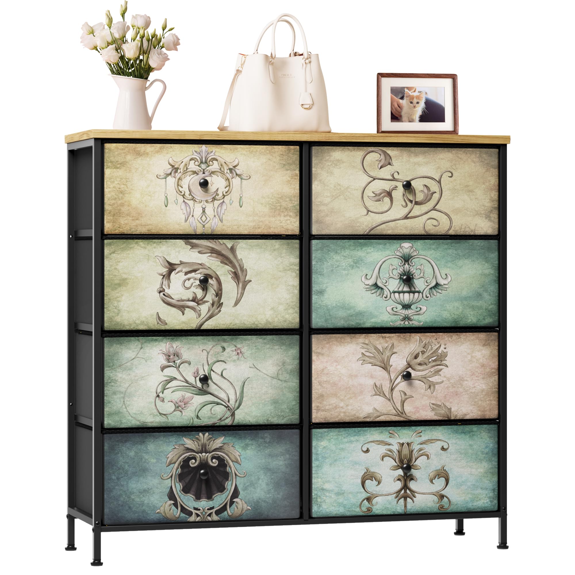 Dresser for Bedroom,8 Drawer Dressers & Chests of Drawers for TV Stand,Organizer Fabric Storage for Bedroom,Living Room,Hallway,Easy Pull Fabric Bins,Retro Floral Pattern Drawers Wooden Top