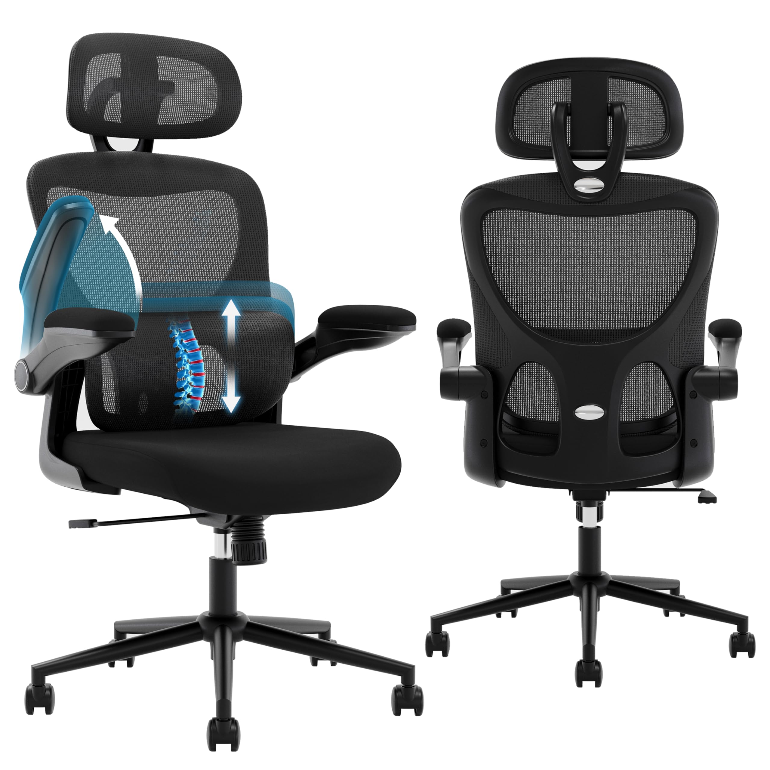 Home Mesh Office Chair, Ergonomic Desk Chair with with Adjustable Lumbar Support, Flip-up Armrest, Headrest, Comfort Wide Seat, High Back Desk Chair and Big and Tall Comfy Computer Gaming Task Chair