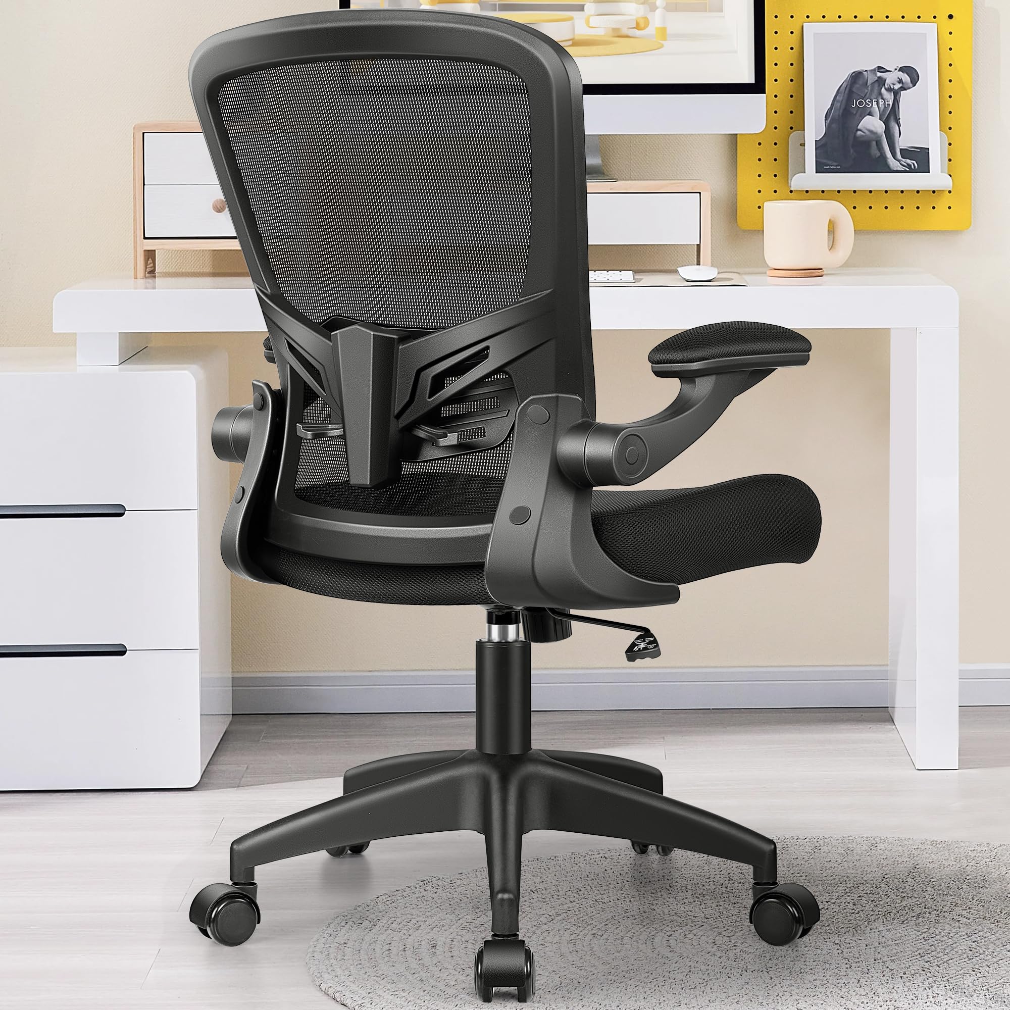 MINLOVE Ergonomic Office Chair,Home Desk Chair with Lumbar Support Computer Chair with Wheels and Flip-up Arms, Swivel Task Chair, Adjustable Height Home Gaming Chair(Black)