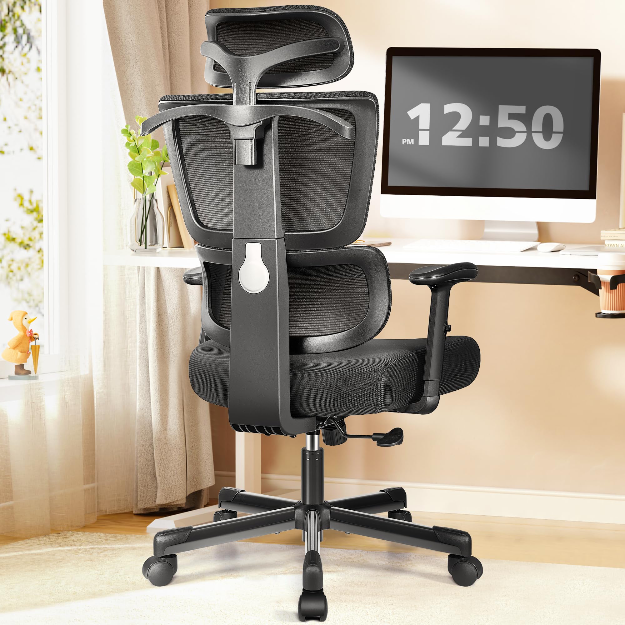 Primy Office Chair Ergonomic Desk Chair, High Back Computer Gaming Chair, Comfy Big and Tall Home Office Chair with Lumbar Support, Breathable Mesh Reclining Chair Adjustable Armrests Headrest(Black)  Polyurethane
