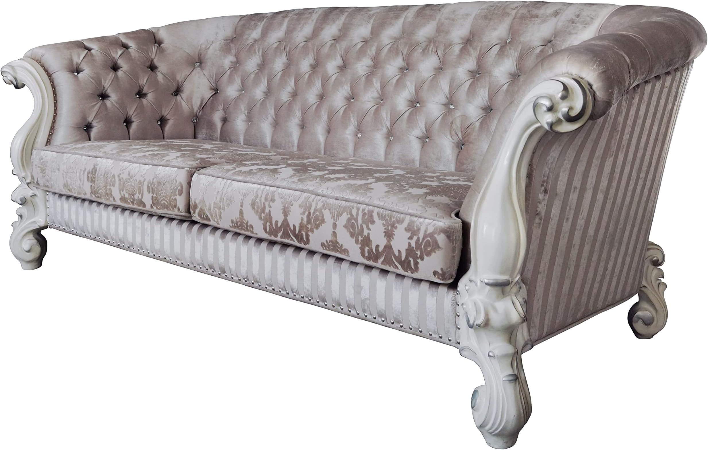 Acme Versailles Sofa with 7 Pillows in Ivory Fabric and Bone White