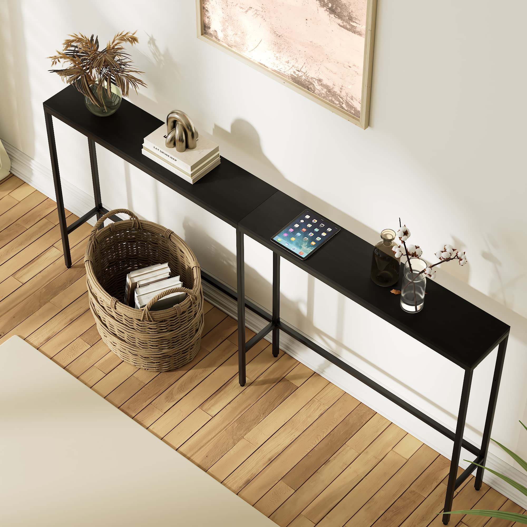 70.9 Inch Console Table with Power Outlet,Modern Narrow Long Sofa Table Behind Couch,Skinny Entry Table with Gold Metal Frame for Entryway,Living Room (Classic Black, 8&quot; W x 70.9&quot; L x 31.7&quot; H)