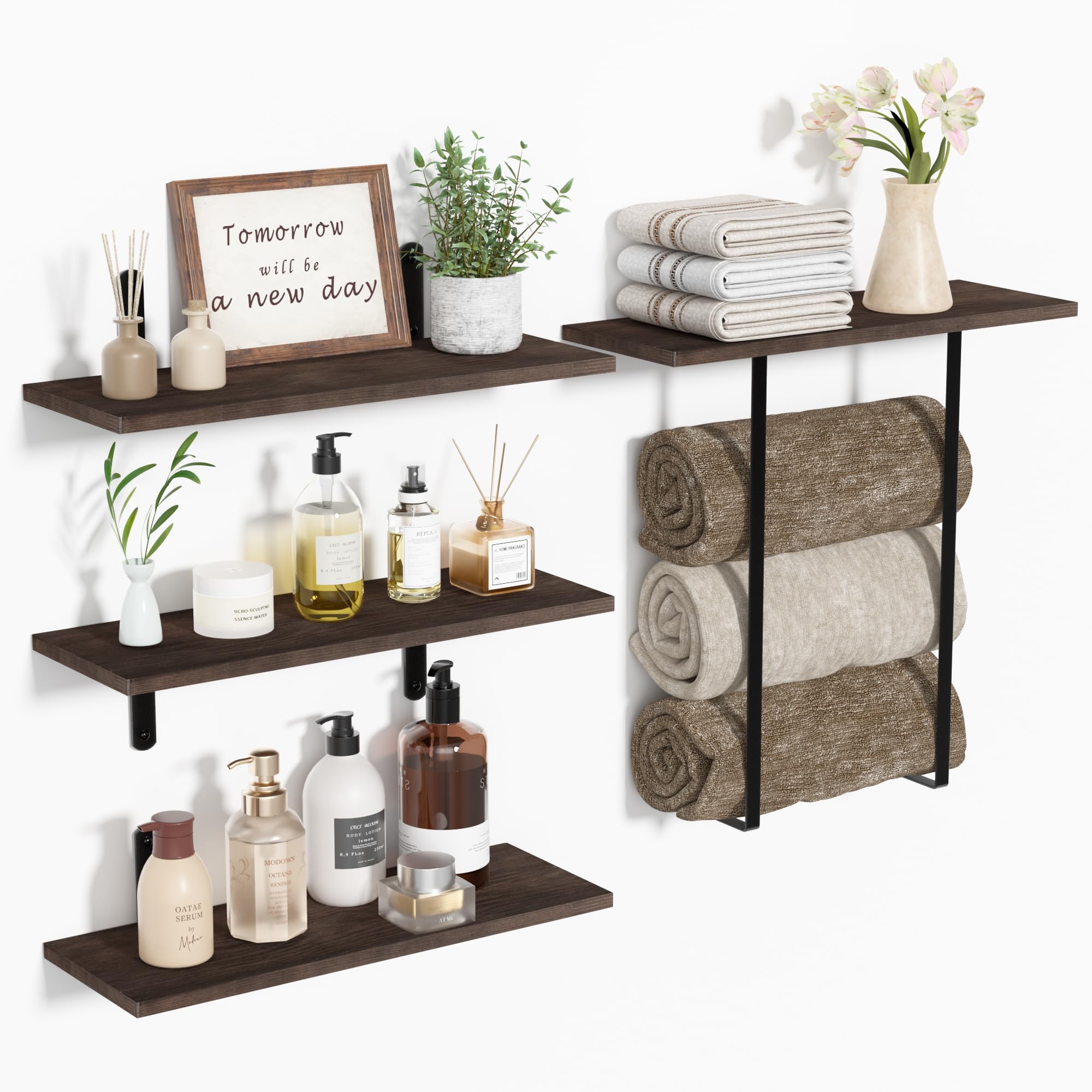 upsimples Bathroom Shelves Over Toilet, 3+1 Tier Floating Shelves, Dark Brown Wooden Storage Wall Shelves with Towel Rack, Wall Mounted Hanging Shelf for Bedroom, Kitchen, Living Room, Laundry Décor